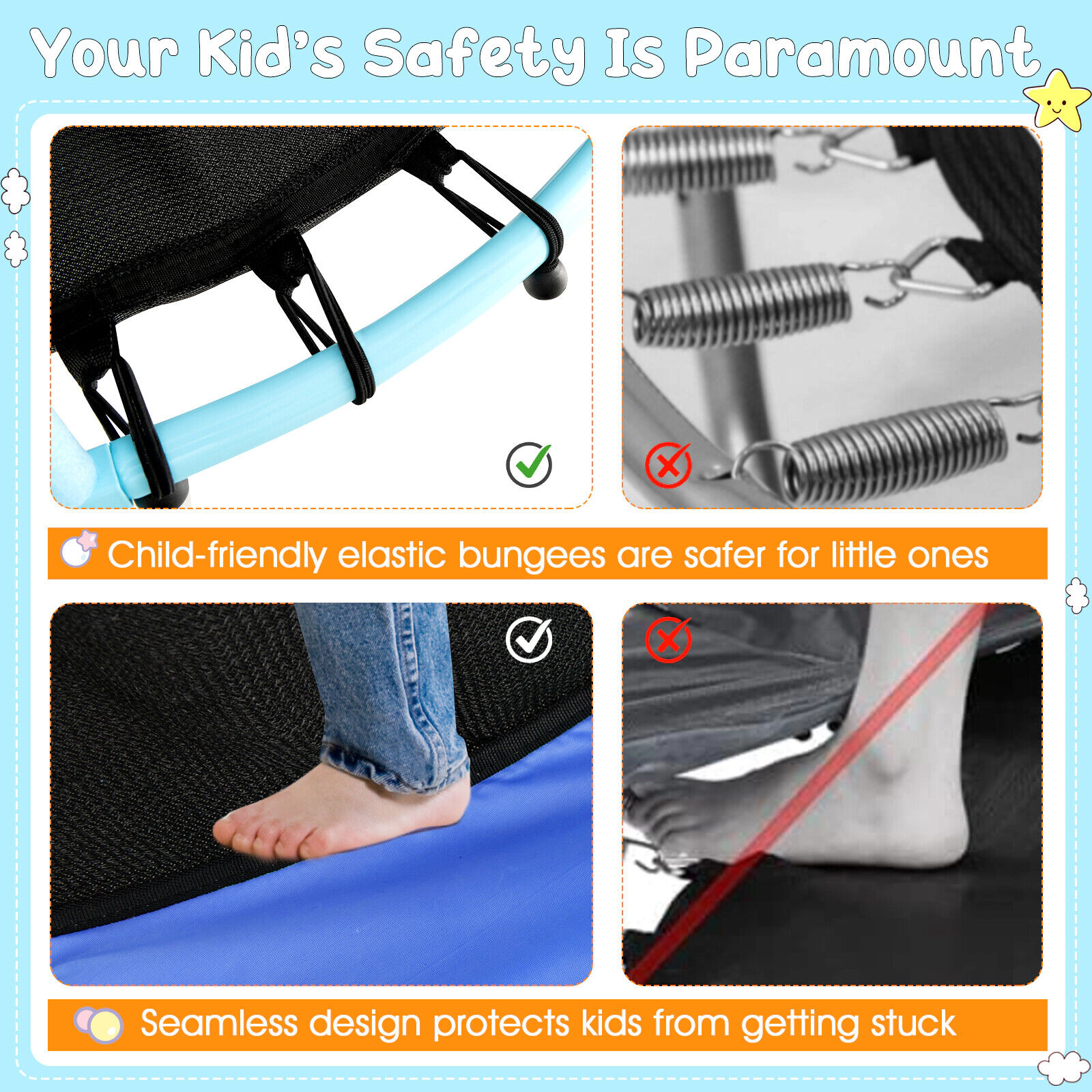SUGIFT 48-in Toddler Trampoline with Safety Enclosure Net 265-lb Capacity Ages 3-6 Years 52-in Frame Blue and Orange