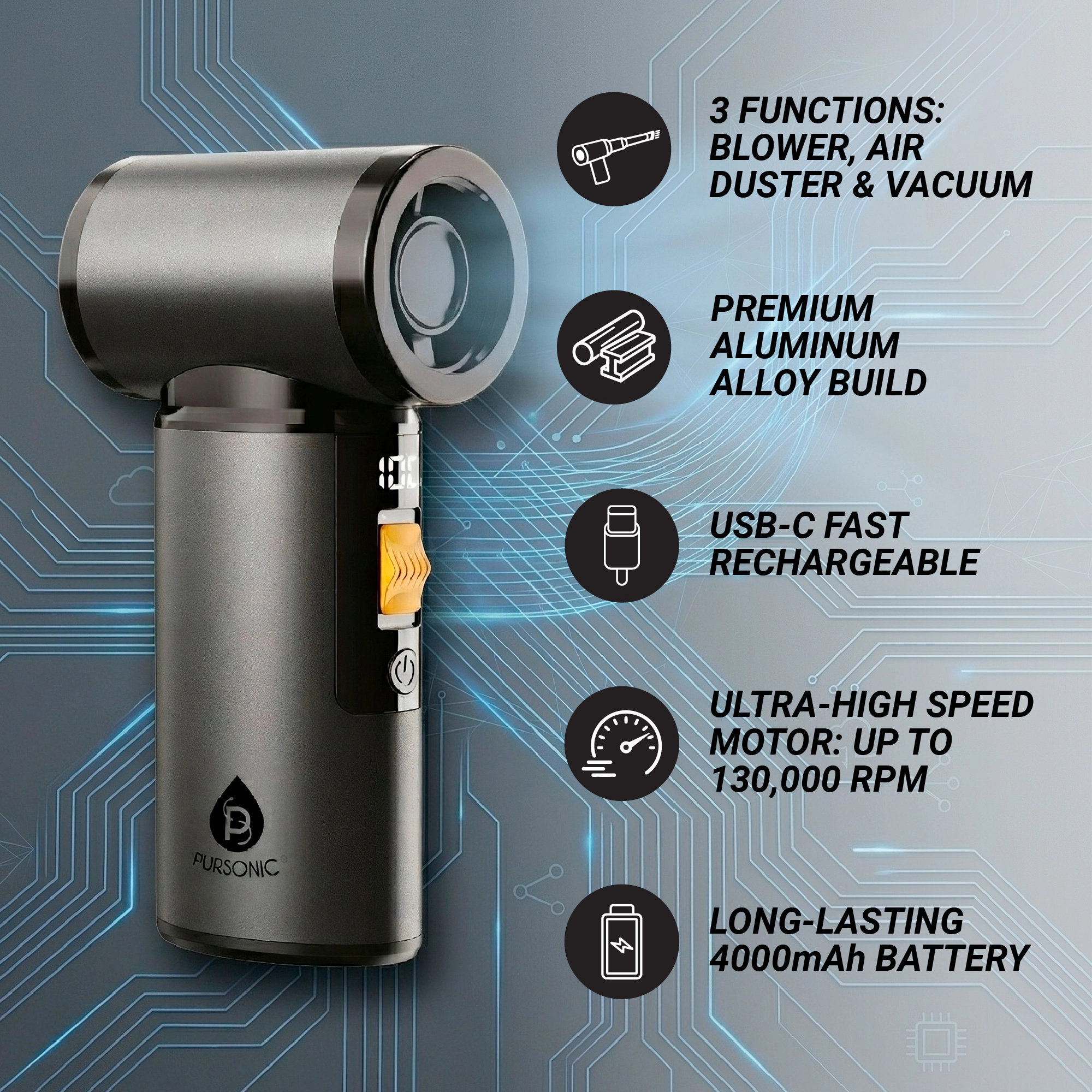 Pursonic Unisex Cordless Multi-Function Turbo Air Blower & Vacuum