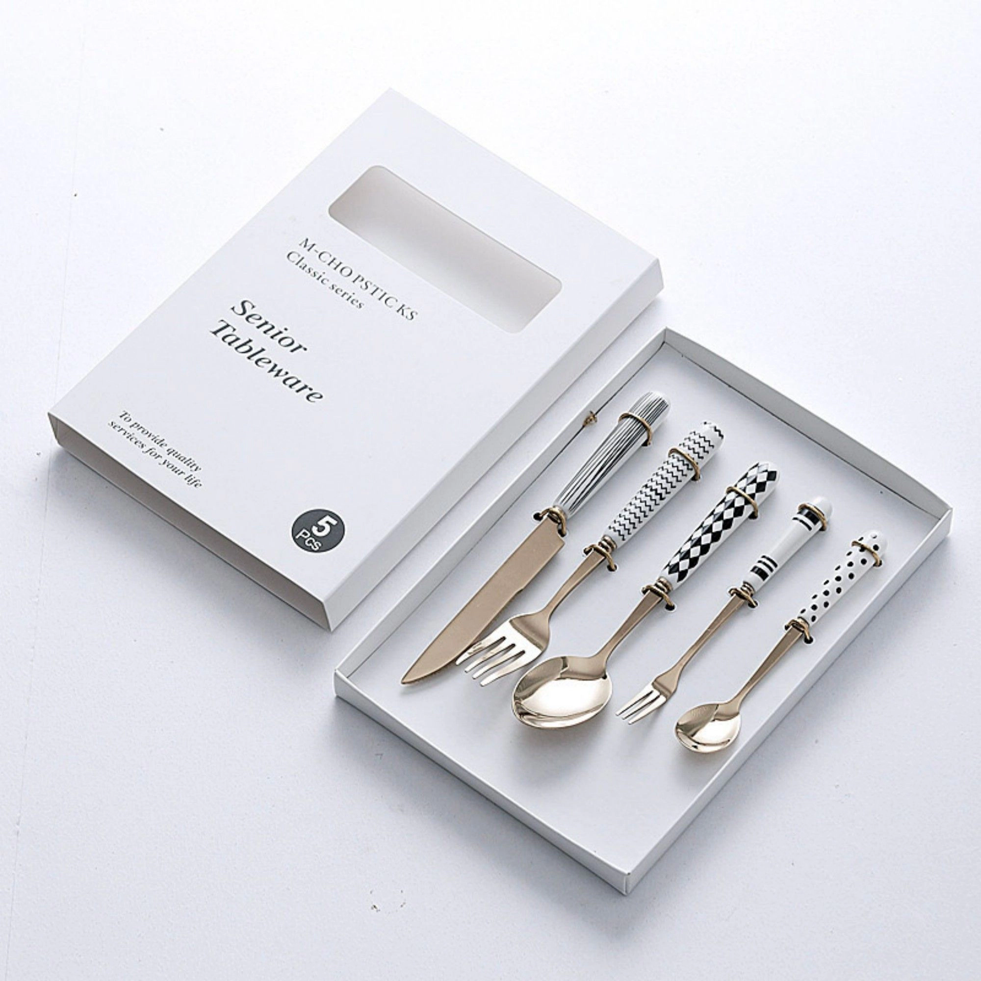 Alilang Unisex Mixed Handle Stainless Steel Flatware Set with Patterned Grip Design 5-Piece-Set