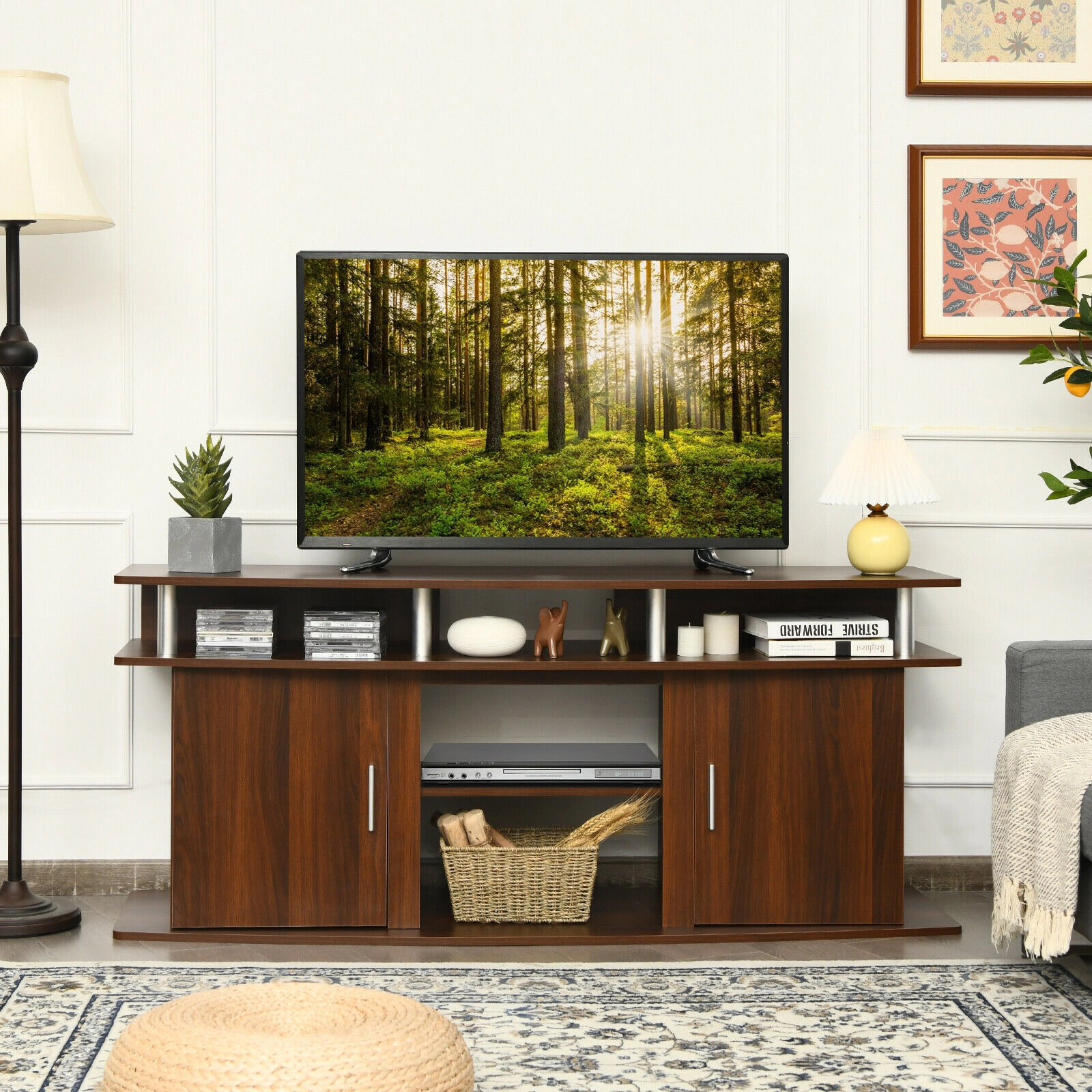 Glintex 63-Inch TV Console with Aluminum Tube Frame and Fireplace Bay, Walnut