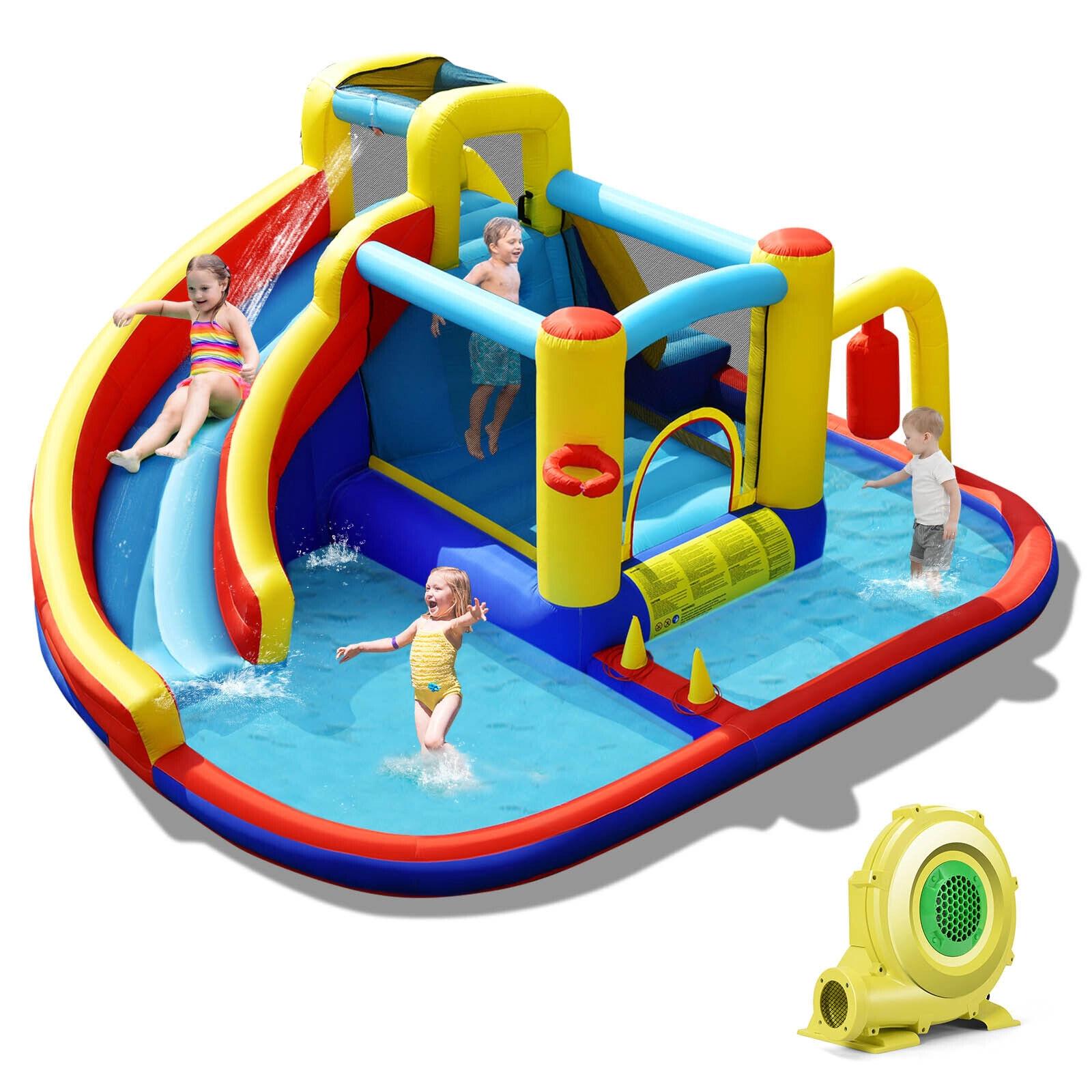SUGIFT 7-in-1 Inflatable Water Slide Bounce House with 735W Air Blower & Splash Pool 66-lb Capacity Ages 3-12 Multicolor