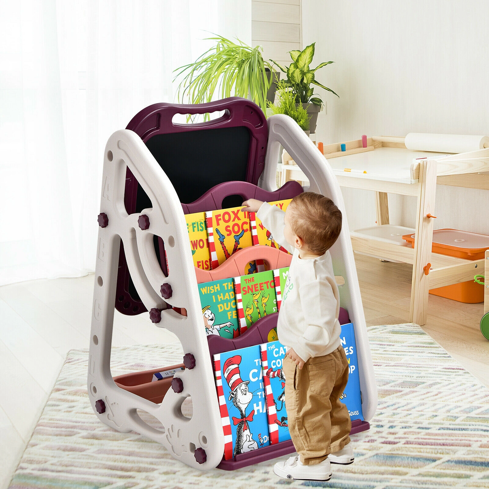 SUGIFT Red Bookshelf and Art Accessories 3-in-1 Kids Art Easel Double-Sided Board