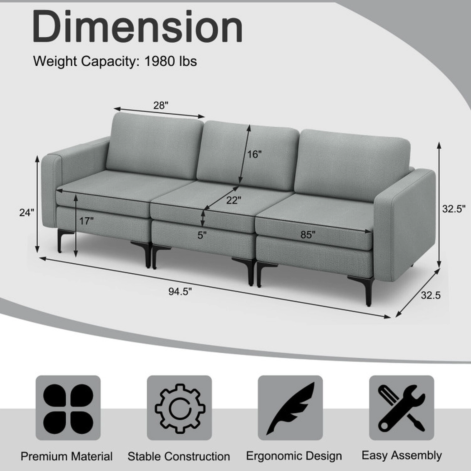 SUGIFT Dark Gray 94.5-Inch 3-Seat Linen Sofa with USB Ports and Magazine Pockets