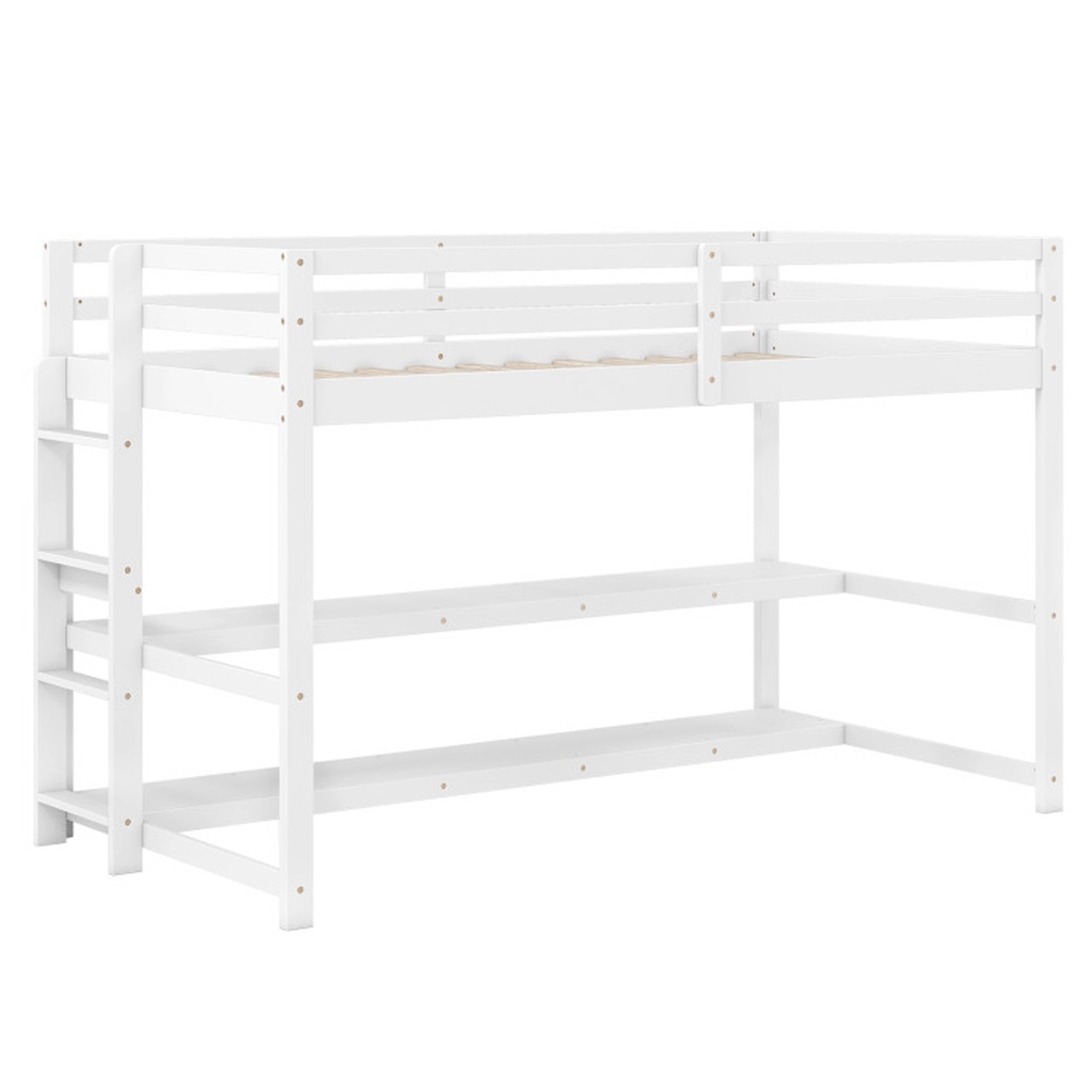 SUGIFT White 2 Storage Shelves Full-Length Guardrails and Ladder Twin Kids Loft Bed