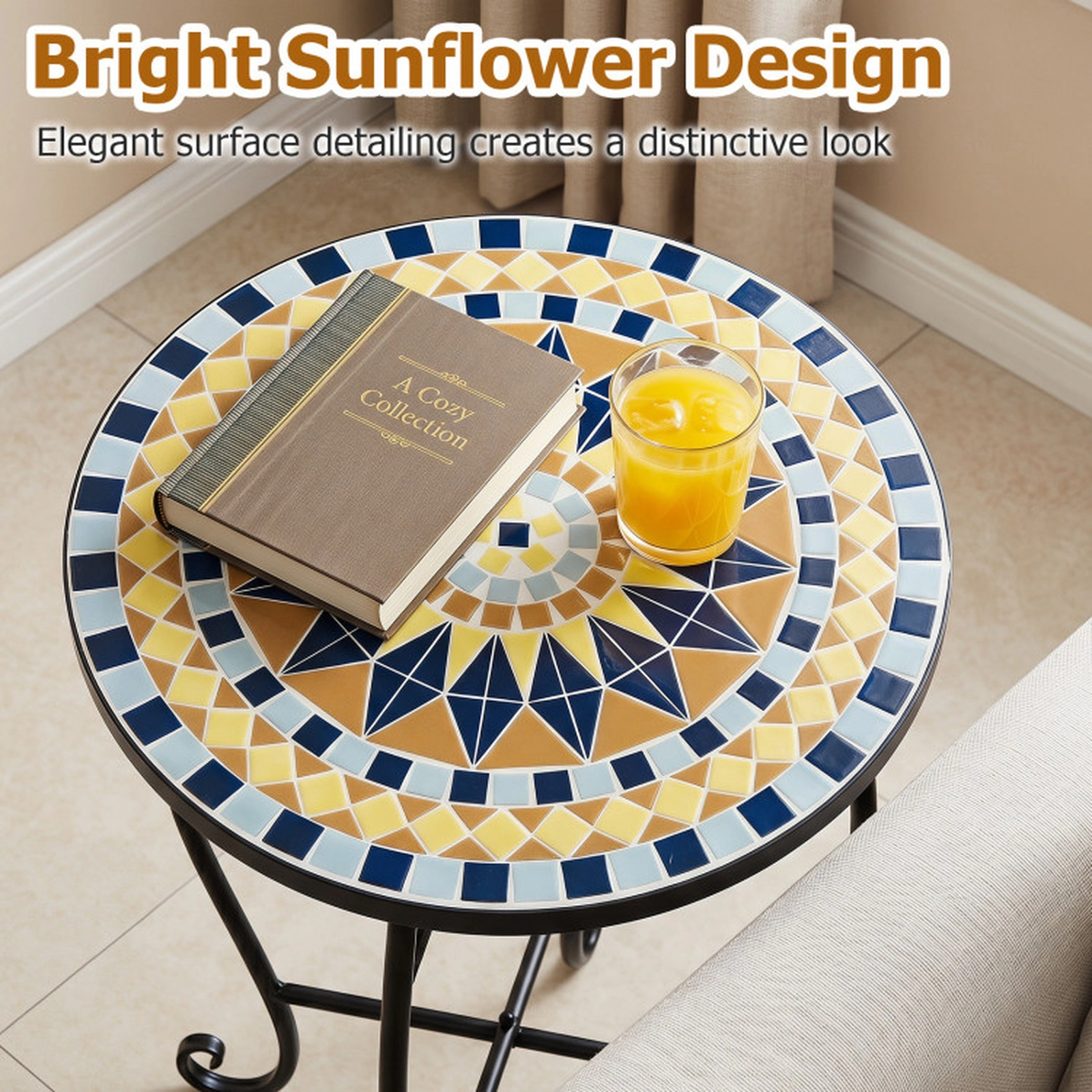 SUGIFT 14-in Floral Mosaic Metal Accent Coffee End Table 35-lb Capacity 14 x 20 in Outdoor Side Table or Plant Stand