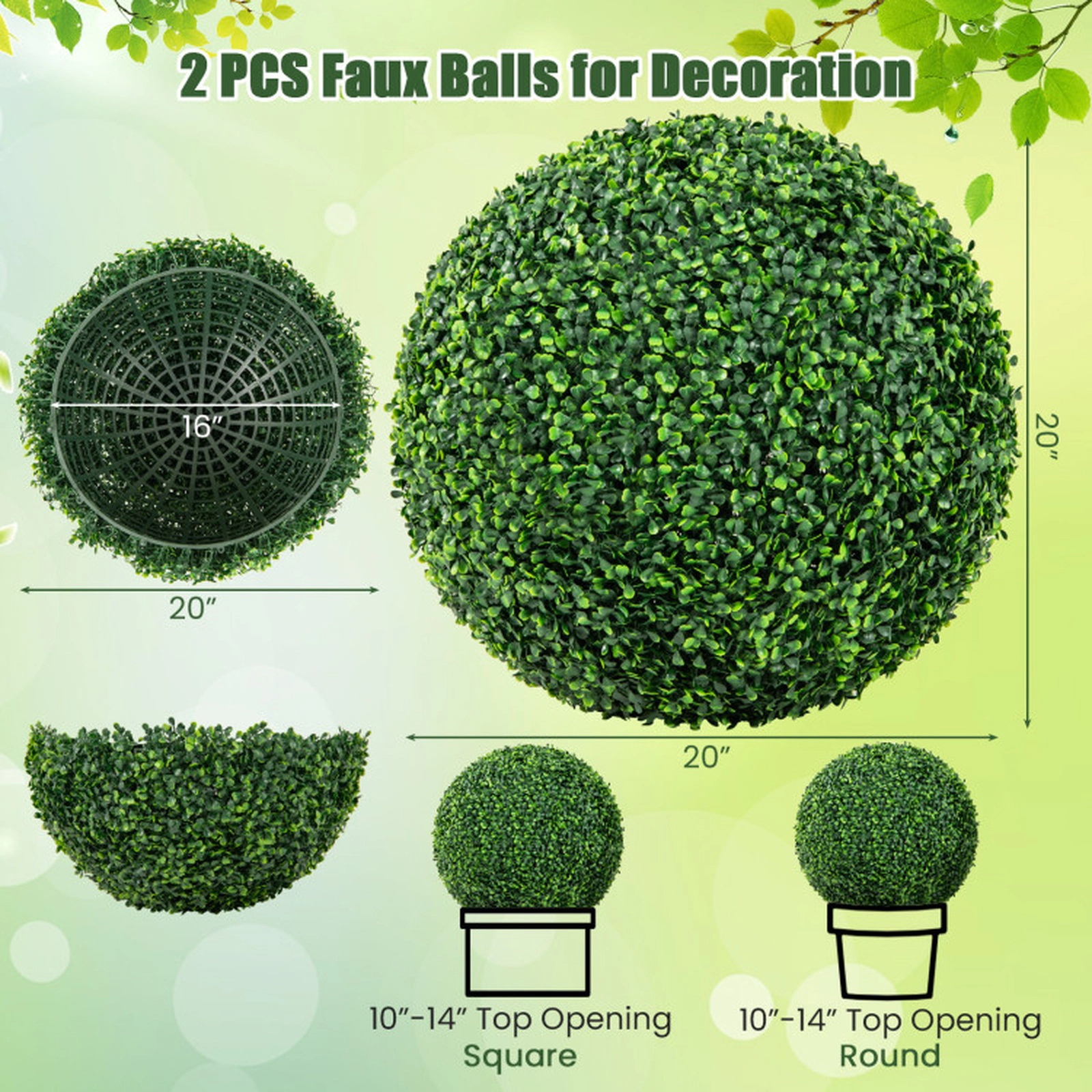 SUGIFT Set of 2 20-in Artificial Boxwood Topiary Balls with 4-Layer Leaves and Interlocking Halves