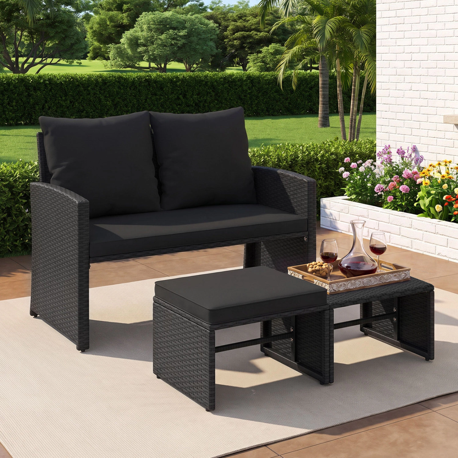 LJG 3 Pieces Outdoor Patio PE Wicker Furniture Set with Cushions