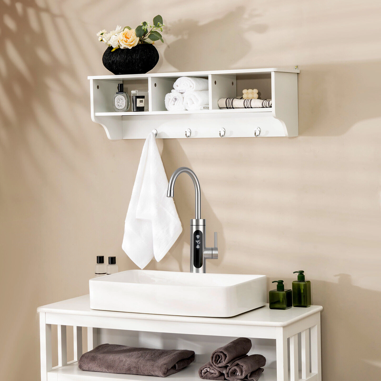 SUGIFT Wall Mount Cubby Organizer White Entryway Storage Shelf with 4 Hooks