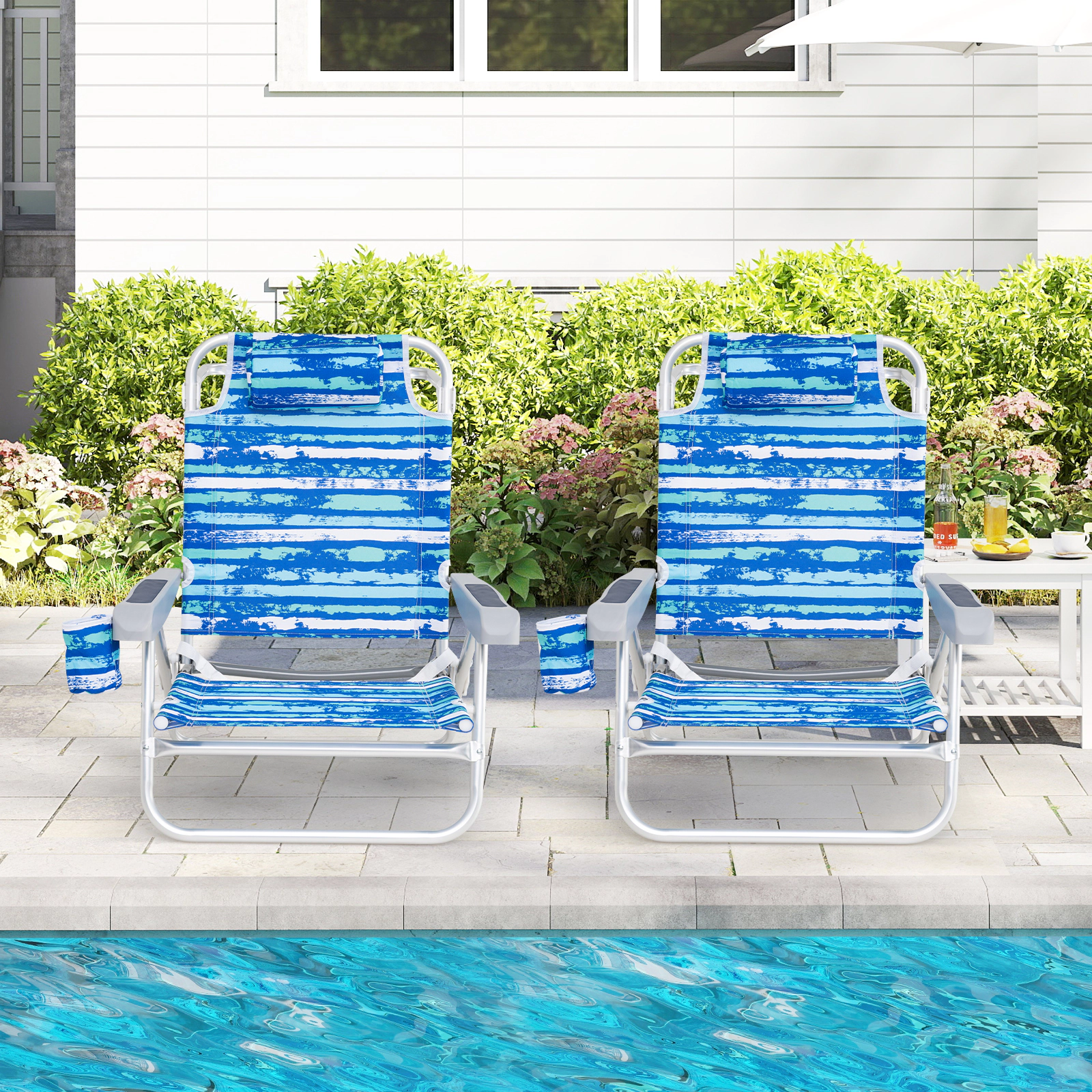 LJG 2 Pack Folding Beach Chair with Adjustable Positions and Head Pillow
