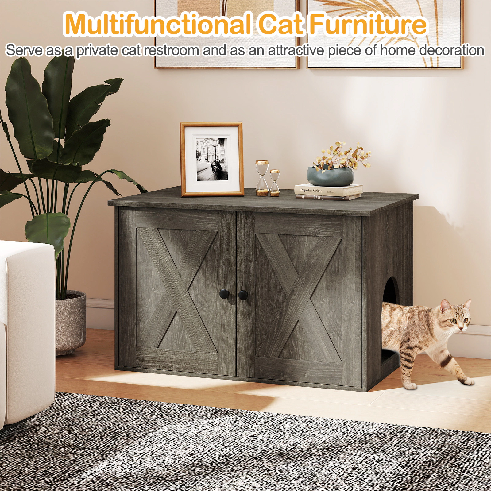 SUGIFT 31.5 x 20-in 66-lb Capacity Oak Hidden Cat Litter Box Enclosure Furniture with Divider and Dual Doors
