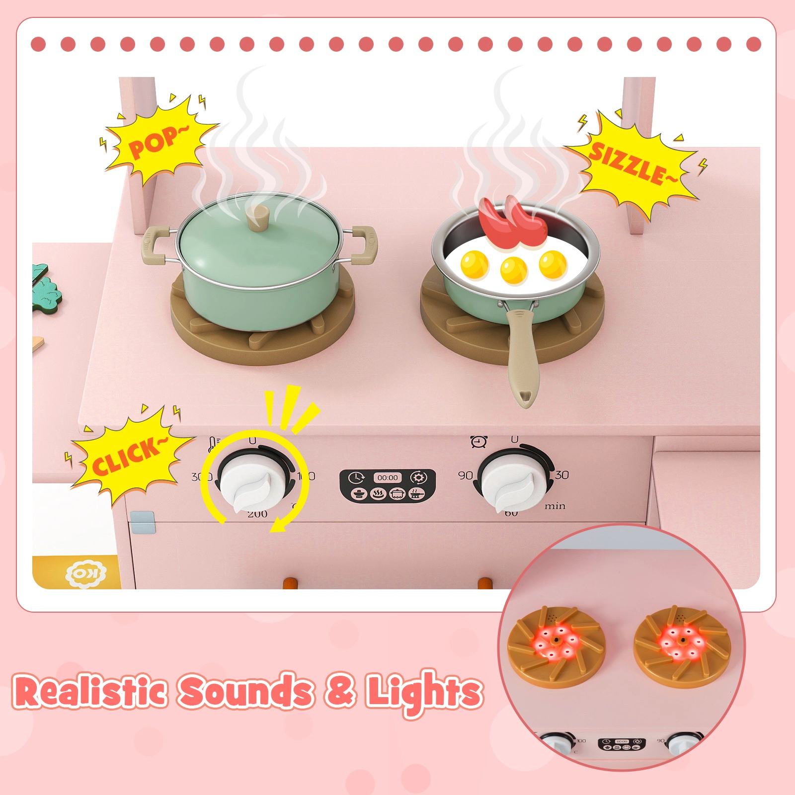 SUGIFT Kids Pink Corner Wooden Play Kitchen with Lights Sounds and Ice Maker 39.5-in W 40-in H Ages 3+