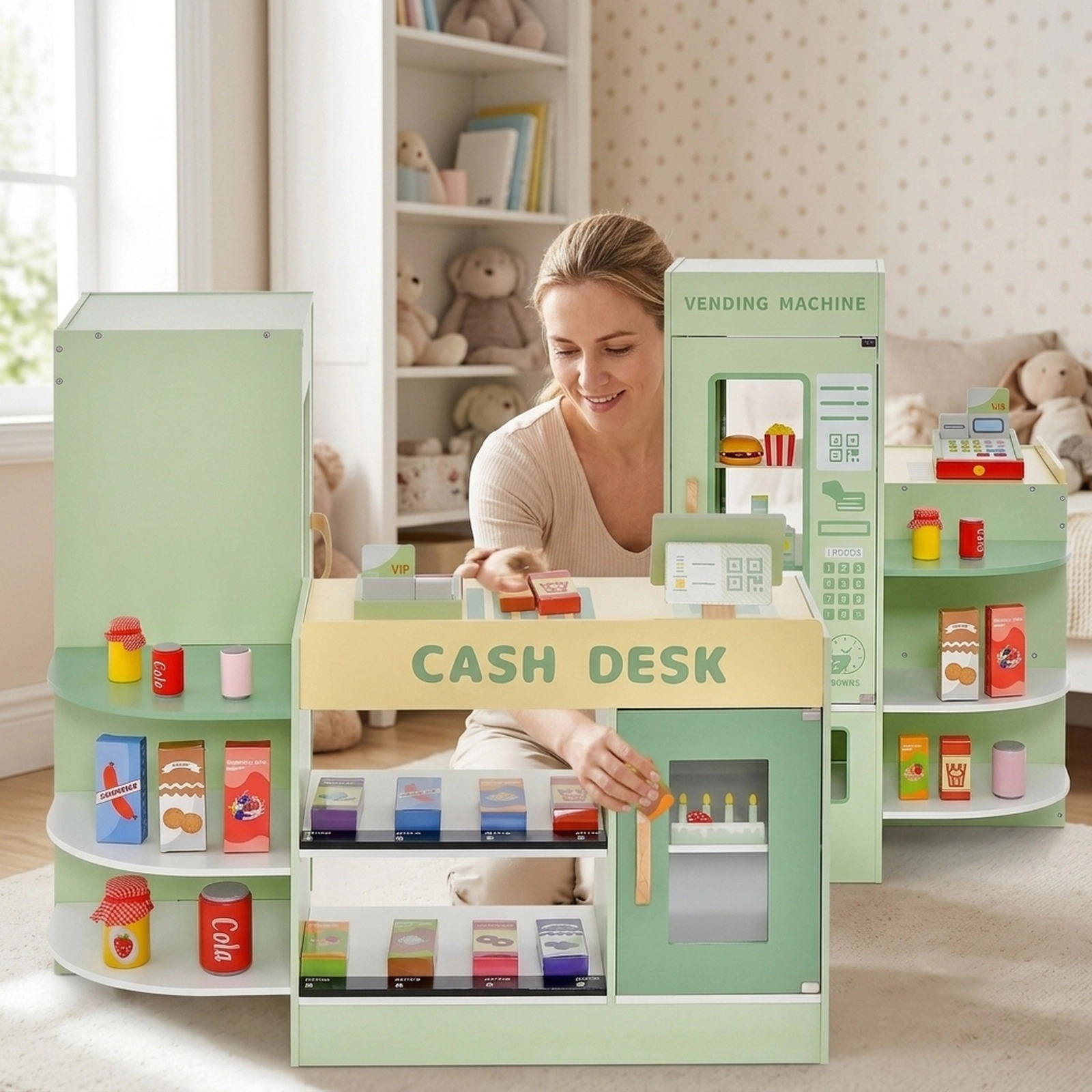 Cash Register Supermarket Playset Vending Machine 3 Shelves 2 Display Racks 35-in Wooden Grocery Store Ages 3-8 Green