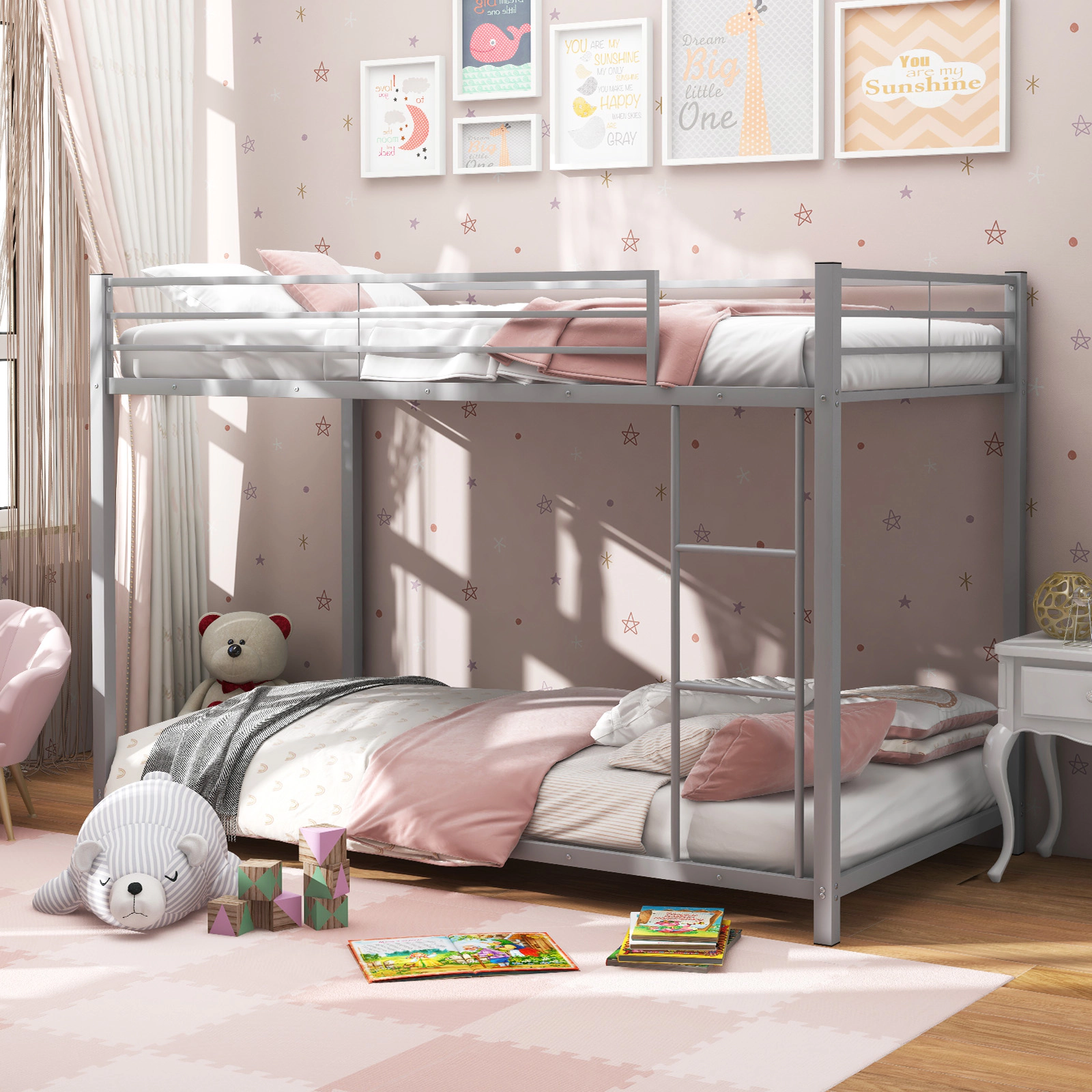 SUGIFT Twin-Over-Twin Low-Profile Metal Bunk Bed, Silver