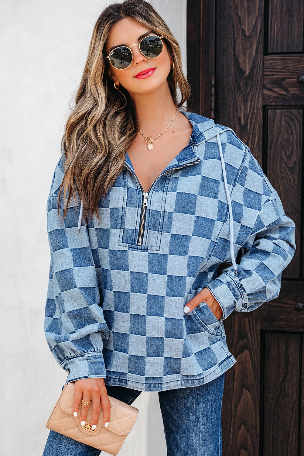 Threaded Pear Women's Taracella Checkerboard Zipped Kangaroo Hoodie