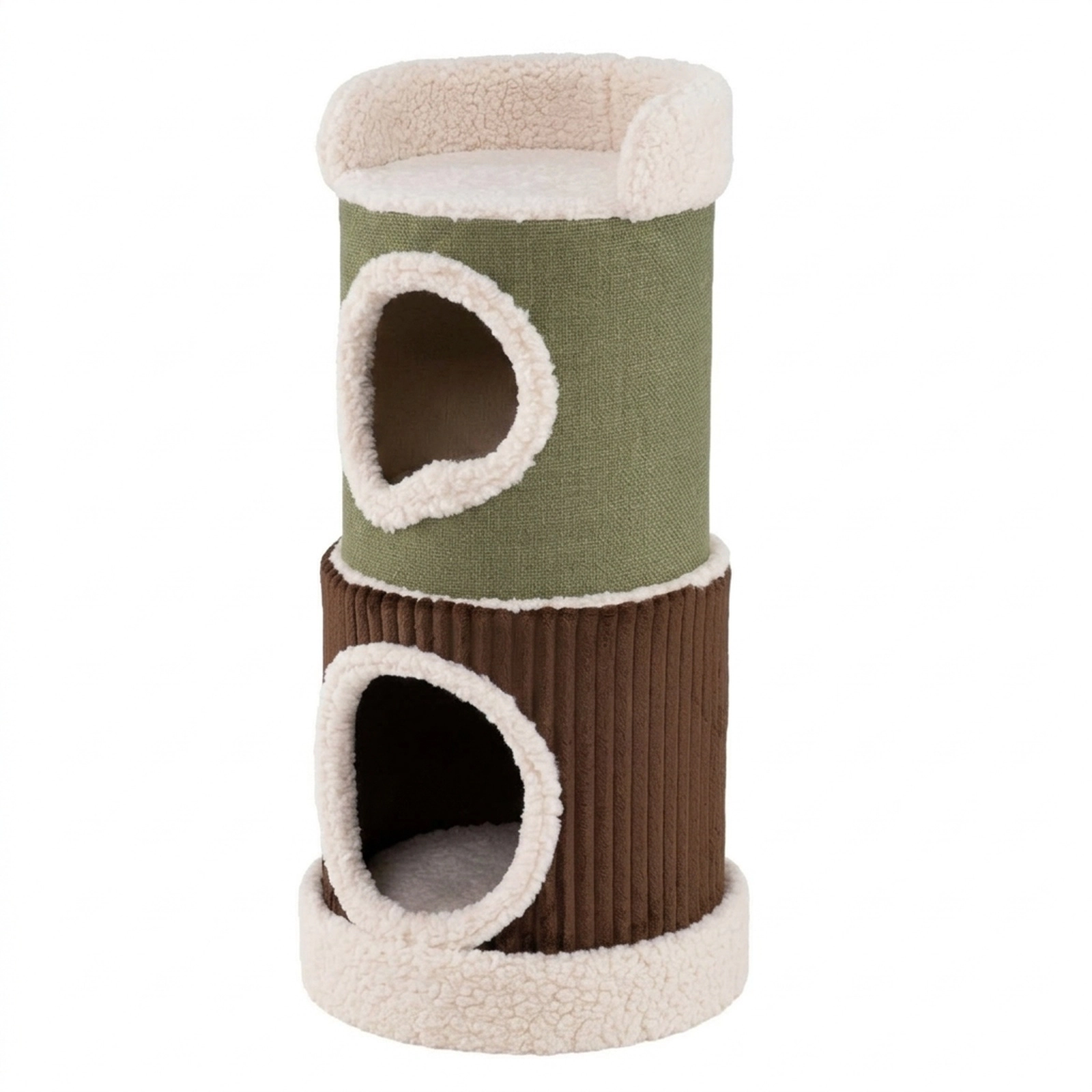 SUGIFT Barrel Cat House with Top Perch Double Condos 22-lb Capacity Indoor Cat House 16 x 33.5 in Green Brown Beige