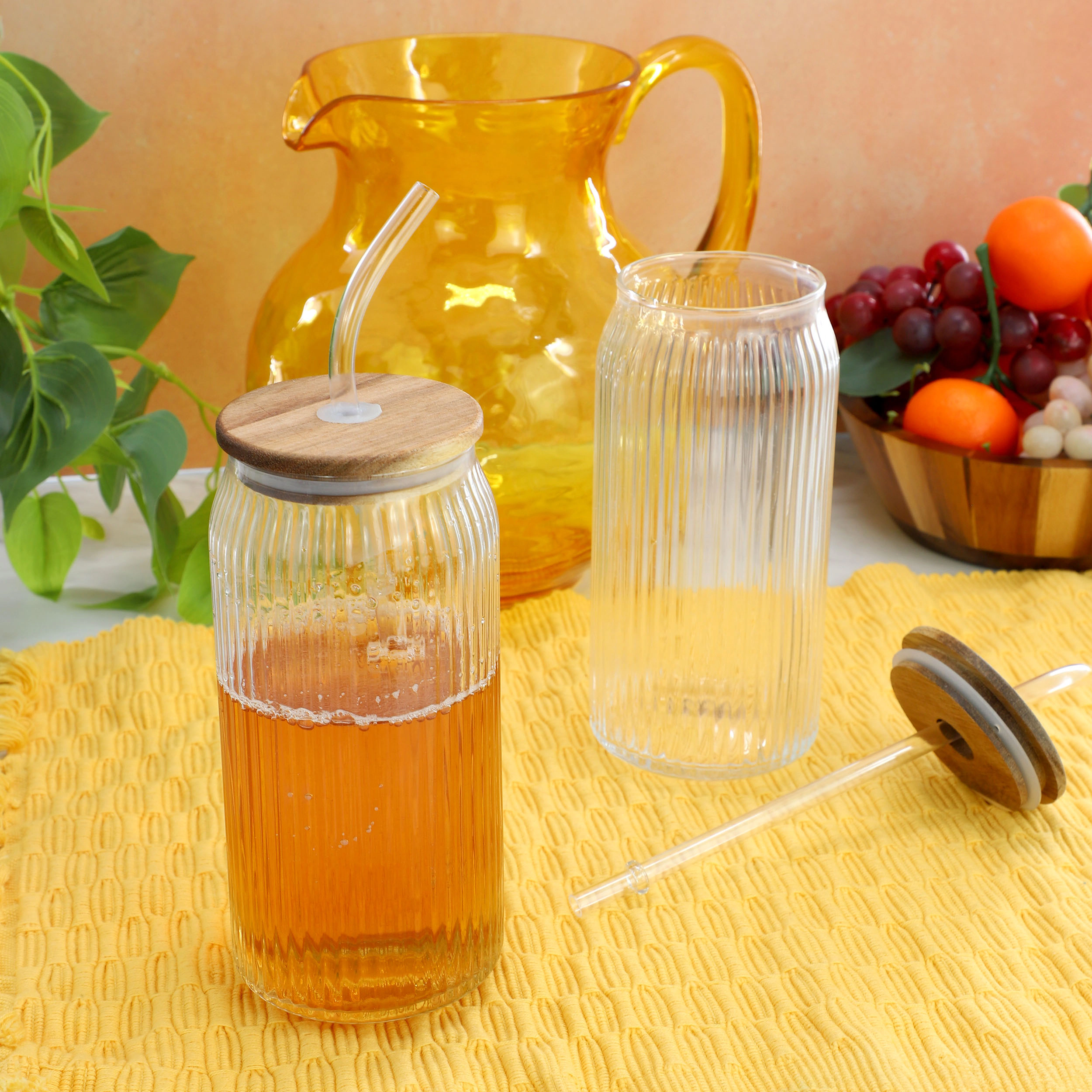 Gibson Homewares Zanita 21 Ounce 6-Piece Set Handmade Glass Tumbler with Straw and Acacia Wood Lid
