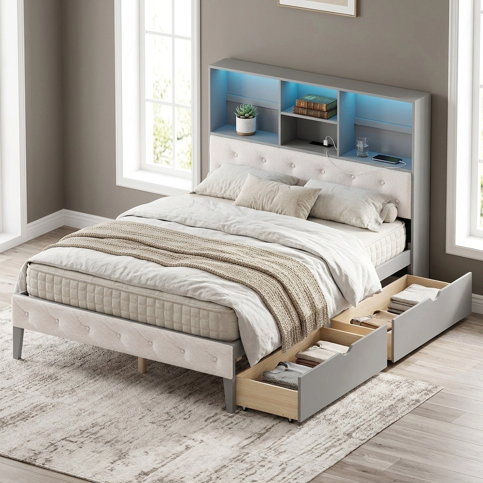 SUGIFT Full Bed Frame with LED Bookcase Headboard, Charging Station, 4 Cubes and 2 Drawers