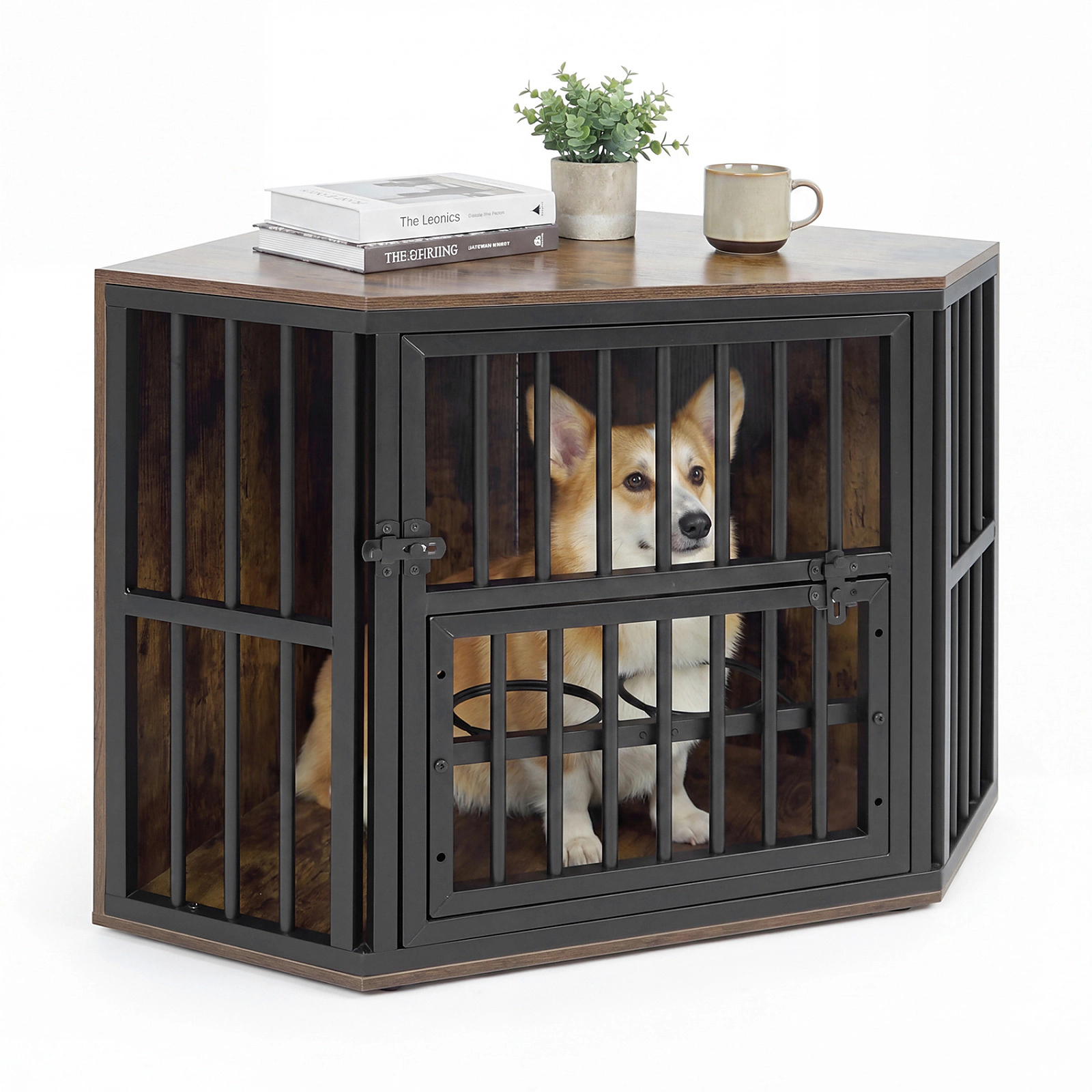SUGIFT 35.5-in Rustic Brown Corner Dog Crate Kennel End Table with 3-Position Bowl Rack 110-lb Tabletop