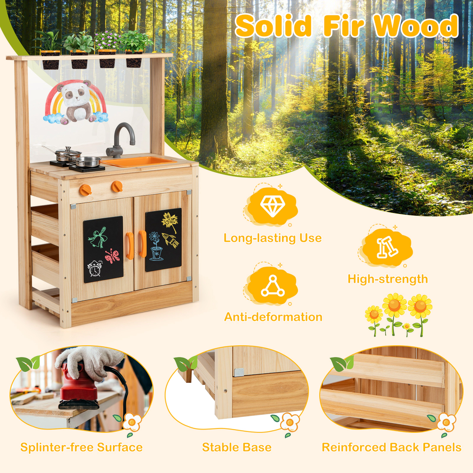 Kids Potting Bench Mud Kitchen 4 Planting Pots Blackboards Chalk 27-in Fir Wood Outdoor Play Kitchen Ages 3+ Natural
