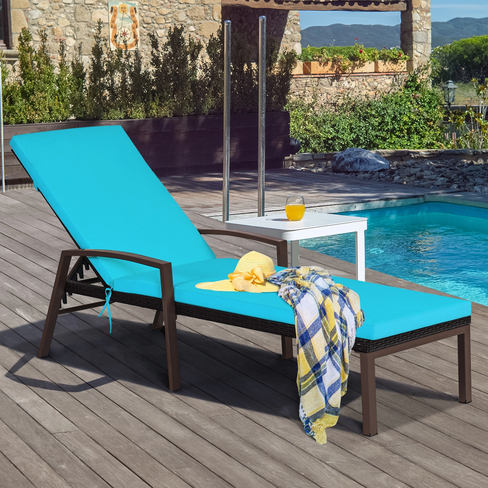 SUGIFT 2-Piece Patio Rattan Reclining Chaise Lounge Chair Set with Cushion & Armrest 400-lb Capacity Turquoise & White