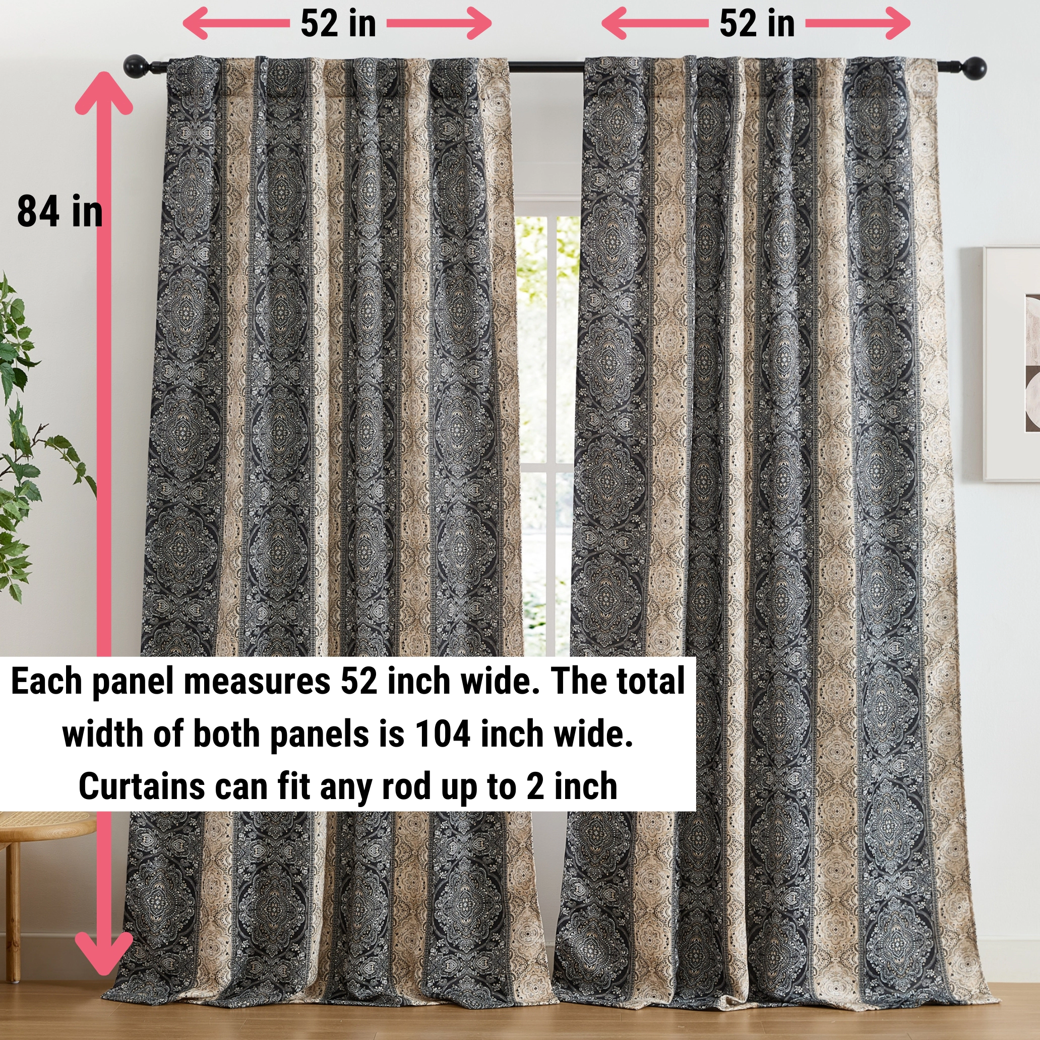 HLC.ME William Boho Damask Striped Back Tab Rod Pocket Curtains - Light Blocking Darkening Window Panels, Set of 2