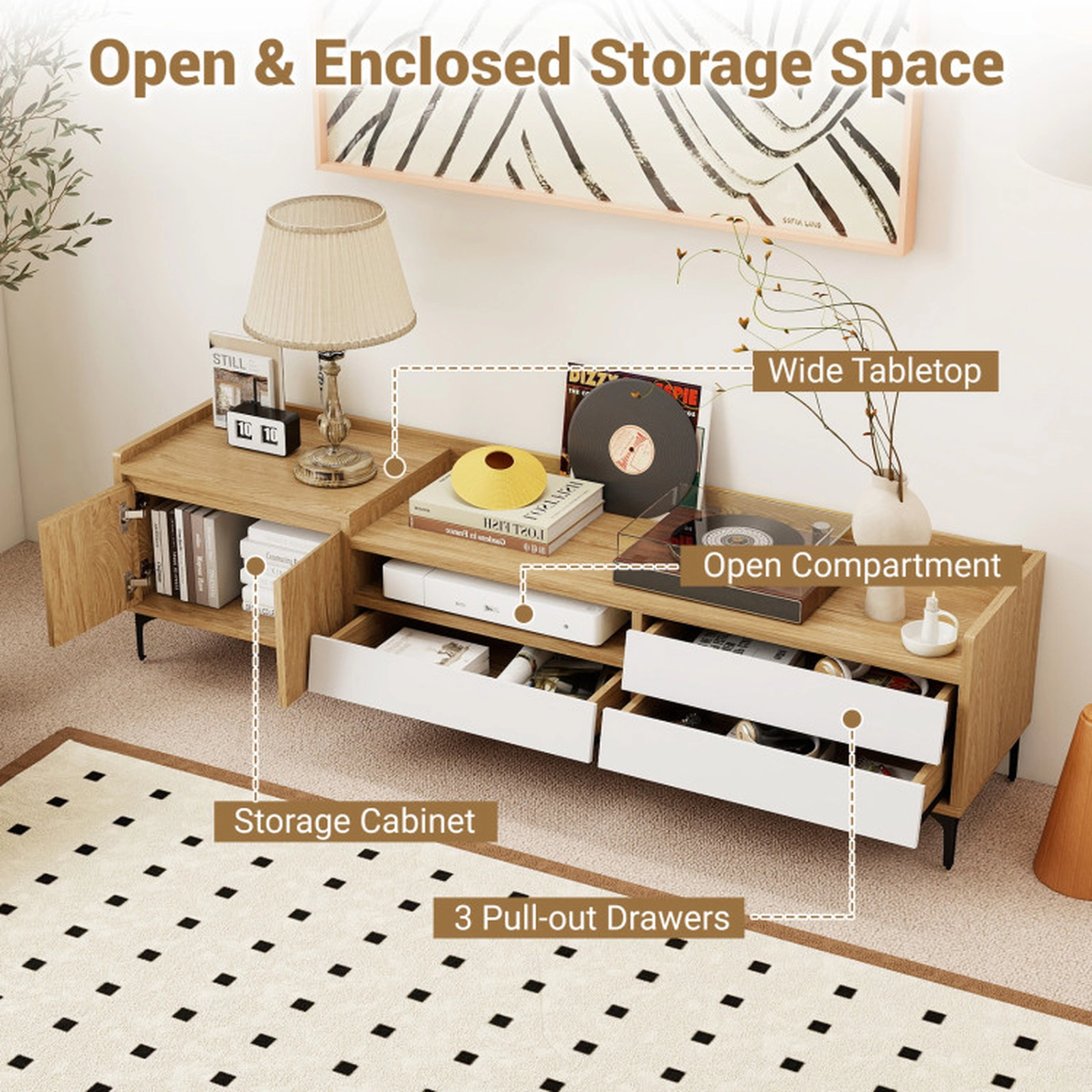 SUGIFT Mid-Century Modern TV Stand for TVs up to 80 in, 3 Drawers, Door Cabinet