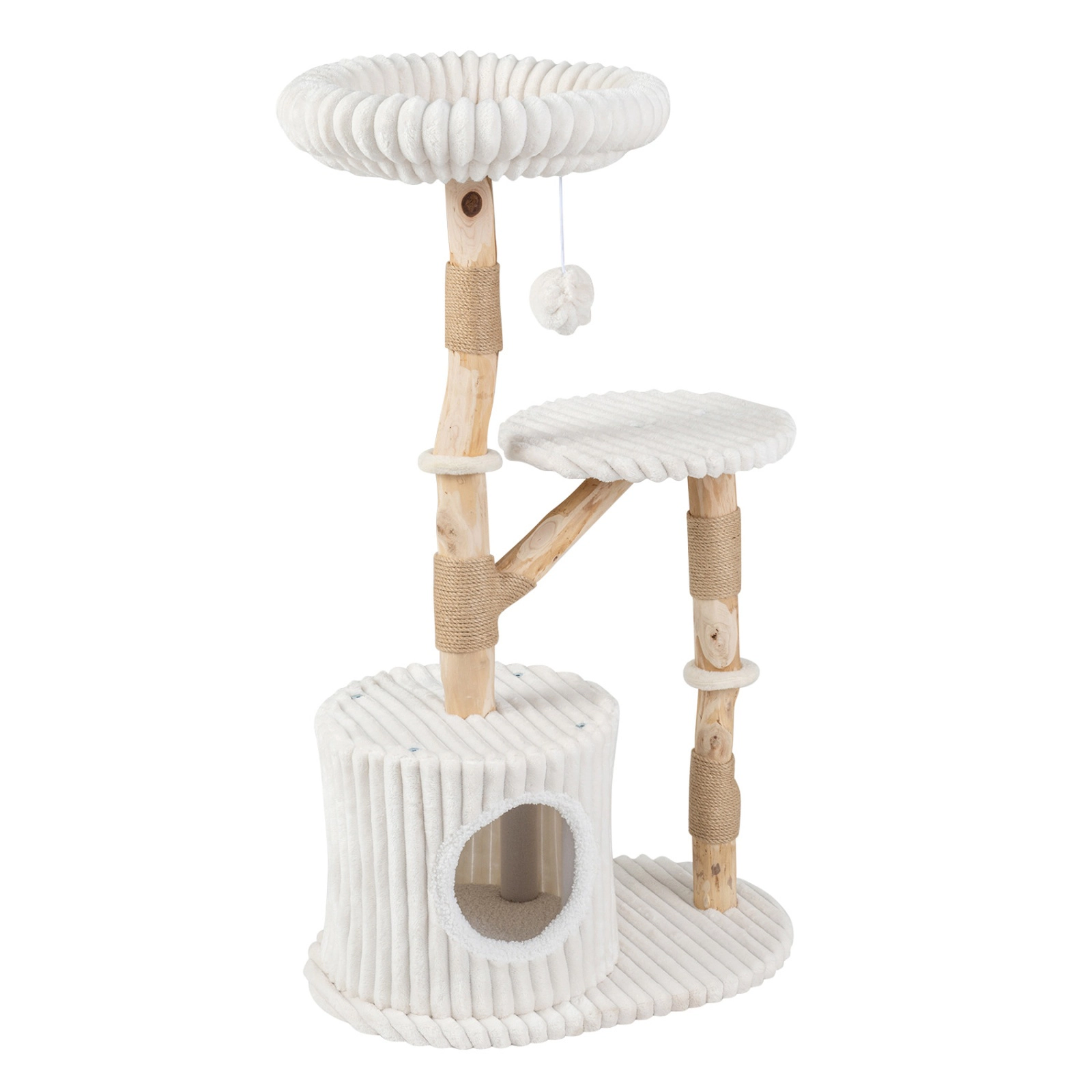 SUGIFT Beige 41 in Solid Wood Cat Tree with Real Branches and Cozy Condo Bed