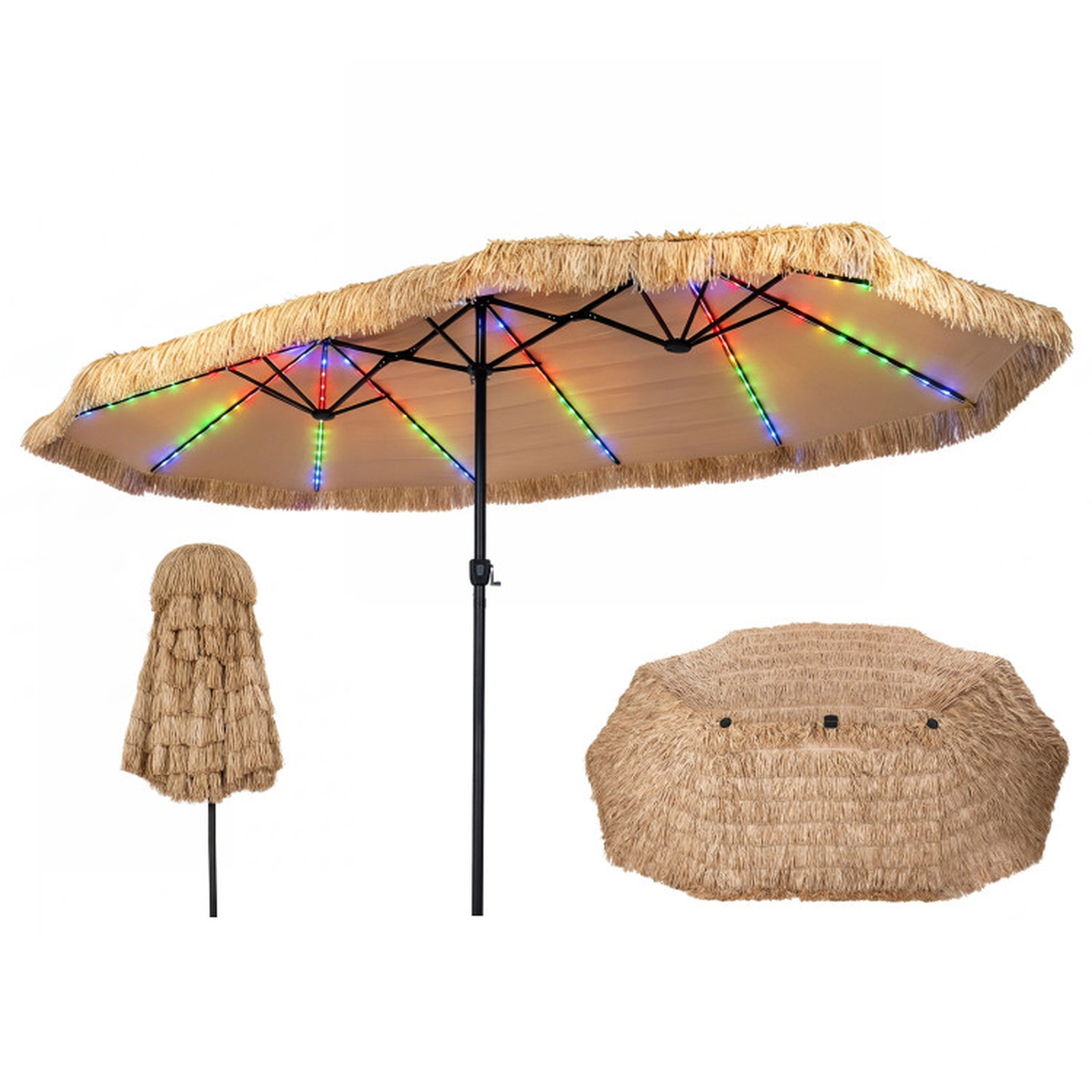 SUGIFT Brown 144 Color-Changing LED Lights 15 x 9 FT Solar Double-Sided Thatched Patio Umbrella