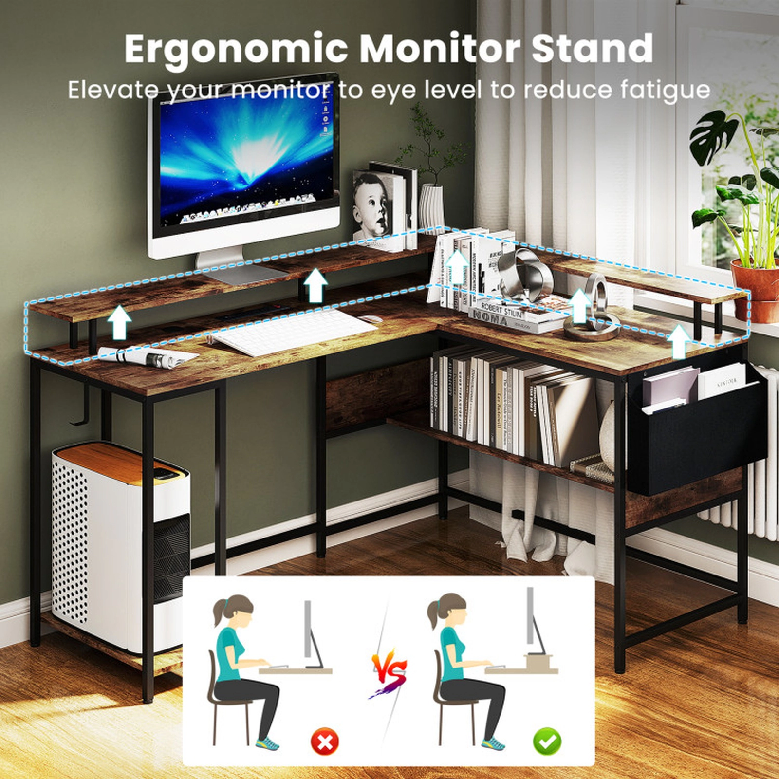 SUGIFT L-Shaped Gaming Desk with LED Lights and Power Outlets 200-lb Tabletop Capacity Home Office Computer Desk Brown &