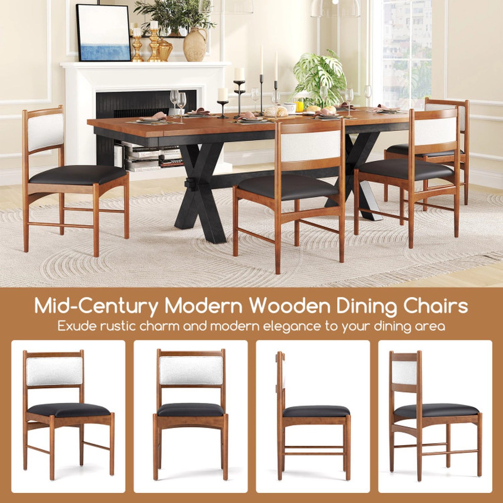 SUGIFT Walnut Wooden Rubber Wood Frame Faux Sherpa Backrest Set of 2 Dining Chairs
