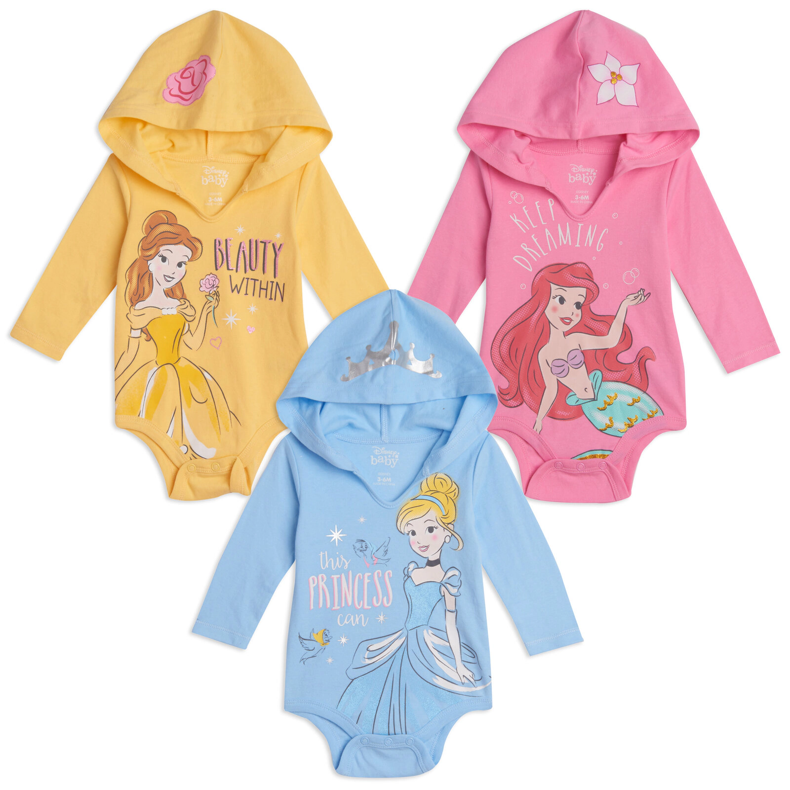 Disney Princess Baby Girls' 3-Pack Cosplay Hooded Bodysuits
