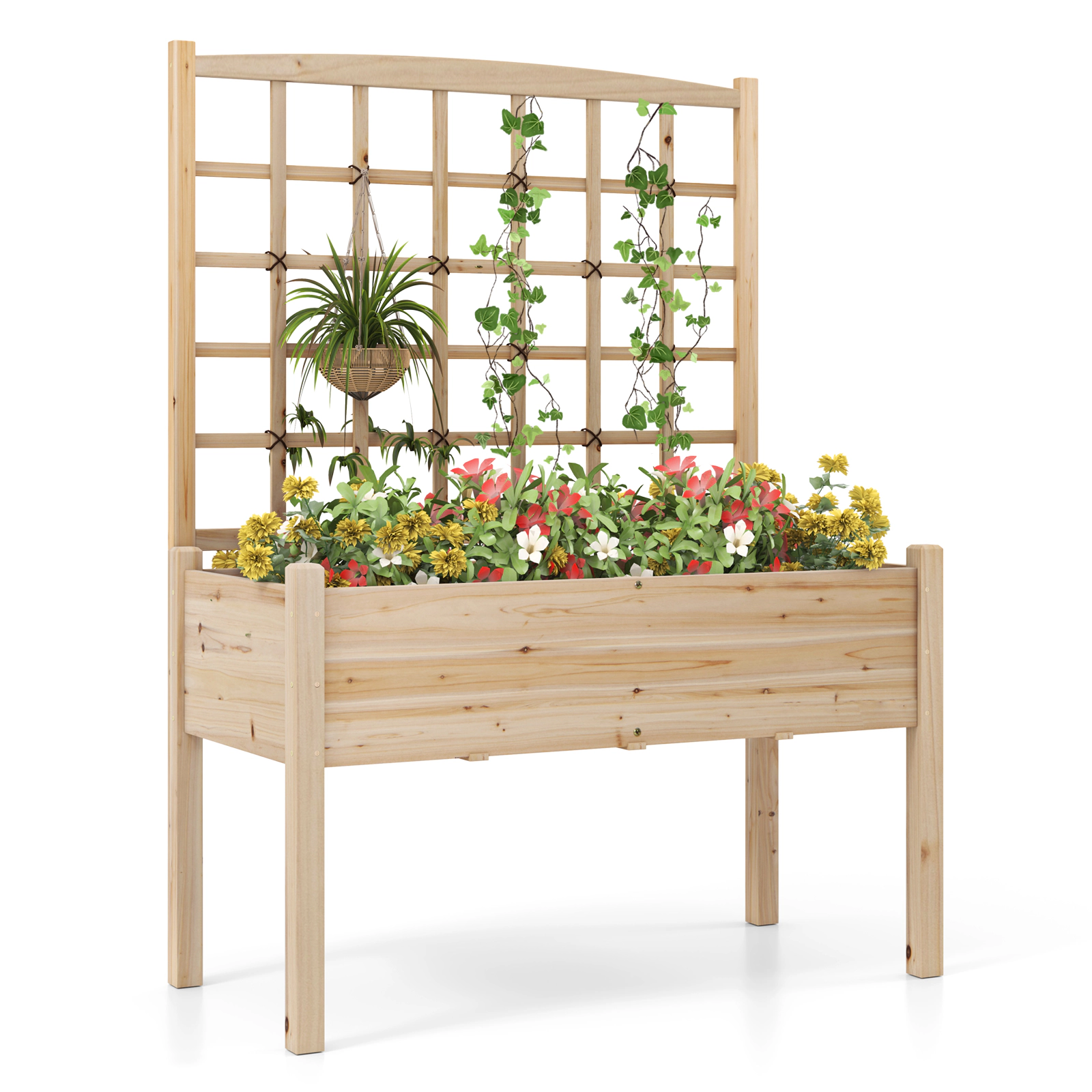SlickBlue Fir Wood Raised Garden Bed with Trellis and Elevated Planter Box