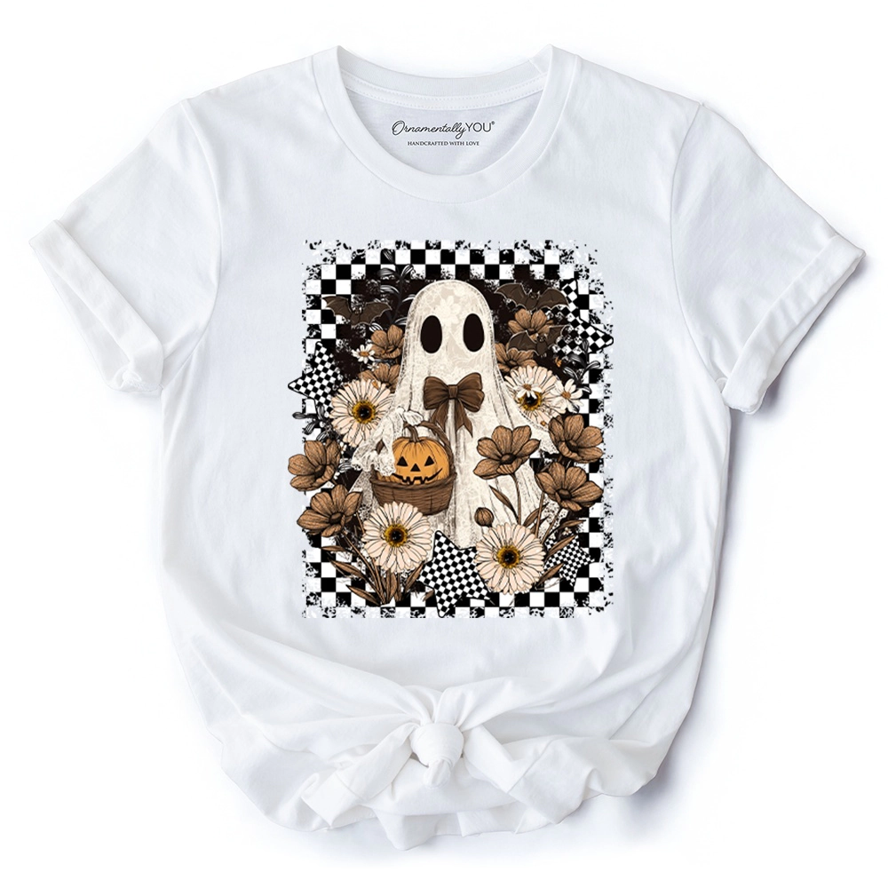 OrnamentallyYou Womens Retro Ghost Floral Halloween T-Shirt