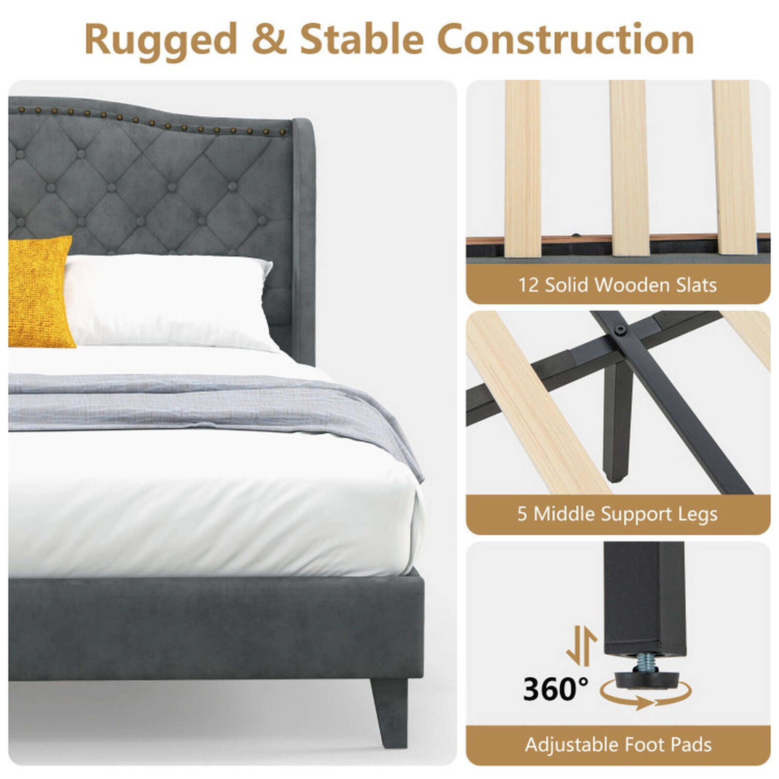 SUGIFT Full/Queen Upholstered Platform Bed Frame with Button Tufted 44-in Headboard 1000-lb Capacity Gray