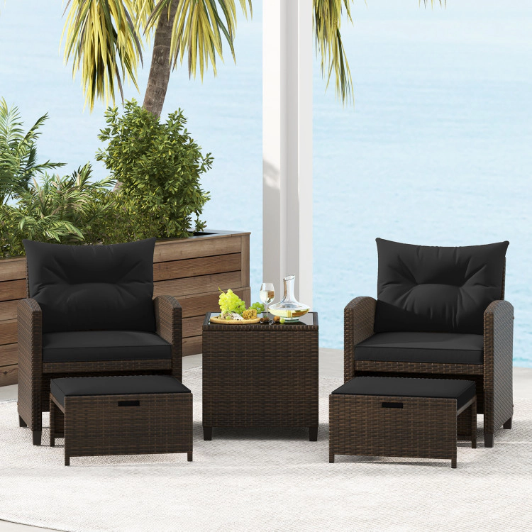Hivvago 5 Pieces Patio Rattan Furniture With 2 Ottomans And Tempered Glass Coffee Table