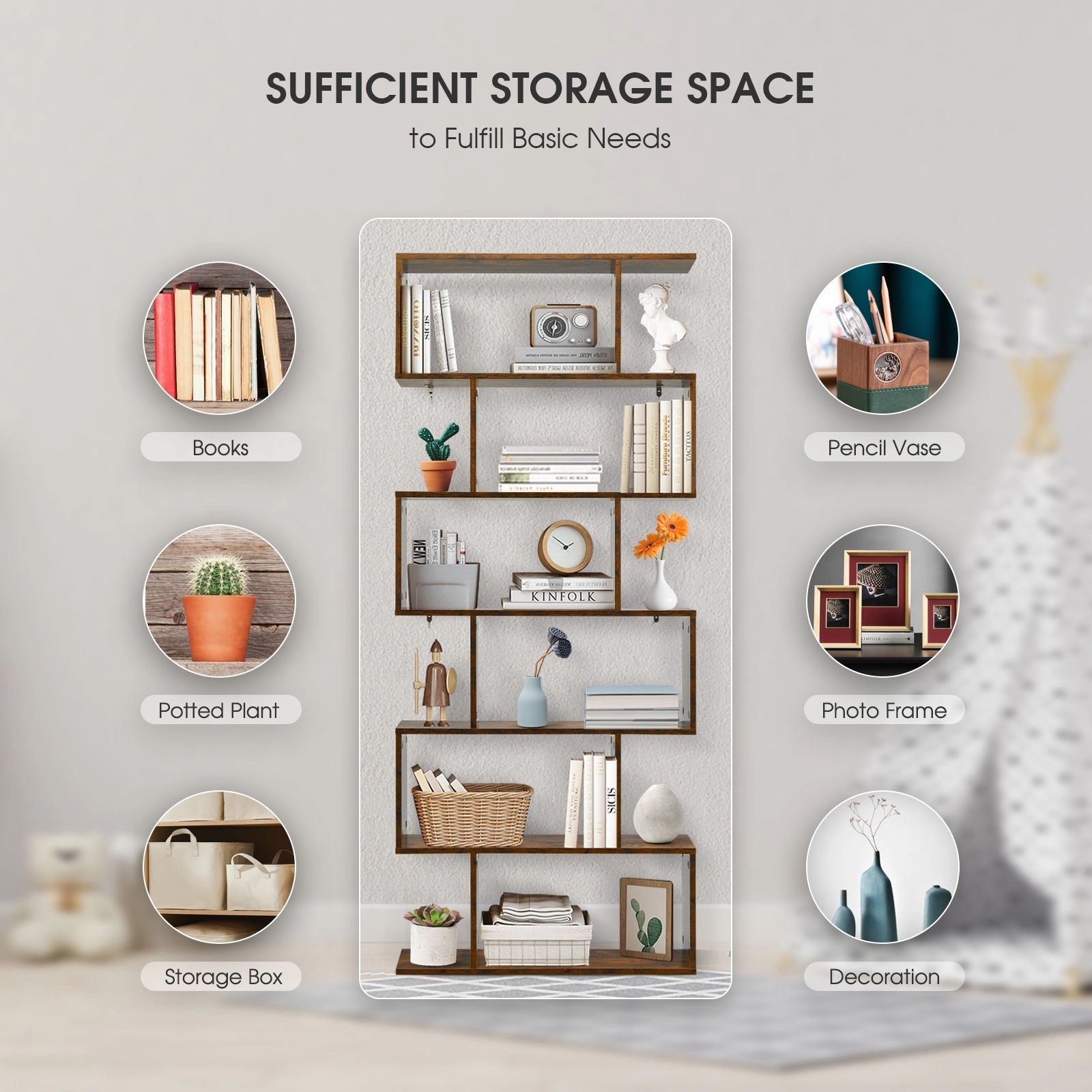 SlickBlue 6 Tier S Shaped Bookcase with Open Storage Shelves