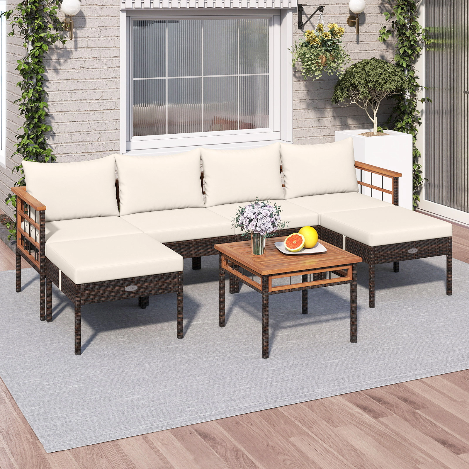 SUGIFT 7-Piece White Modular Rattan Patio Set with Ottomans and Acacia Table