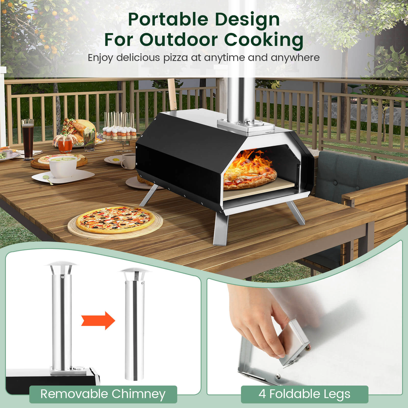 SUGIFT Black Outdoor Pizza Oven with 3-Layer Insulation 12-in Pizza Stone Thermometer and Foldable Legs
