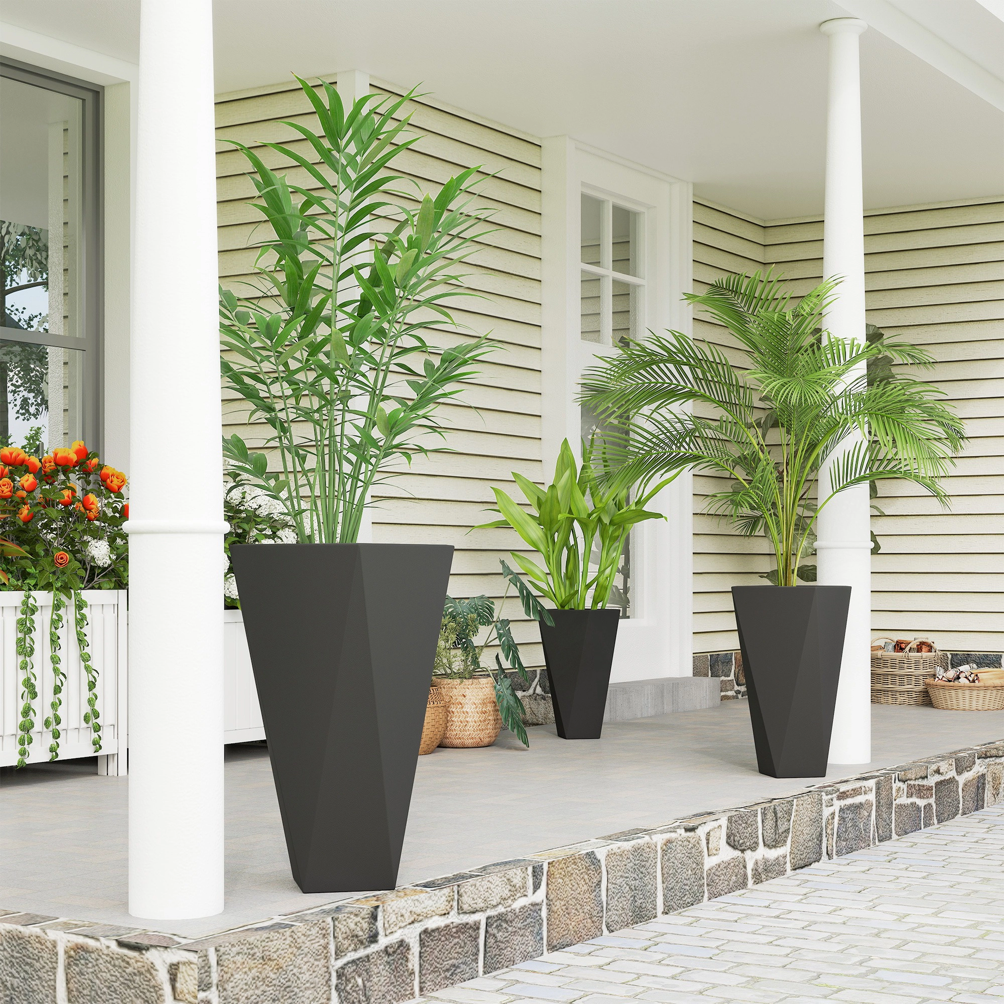 HONGGE Indoor Outdoor Planters Set of 3 MgO Tall Stackable Flower Pots with Drainage Holes for Garden Balcony