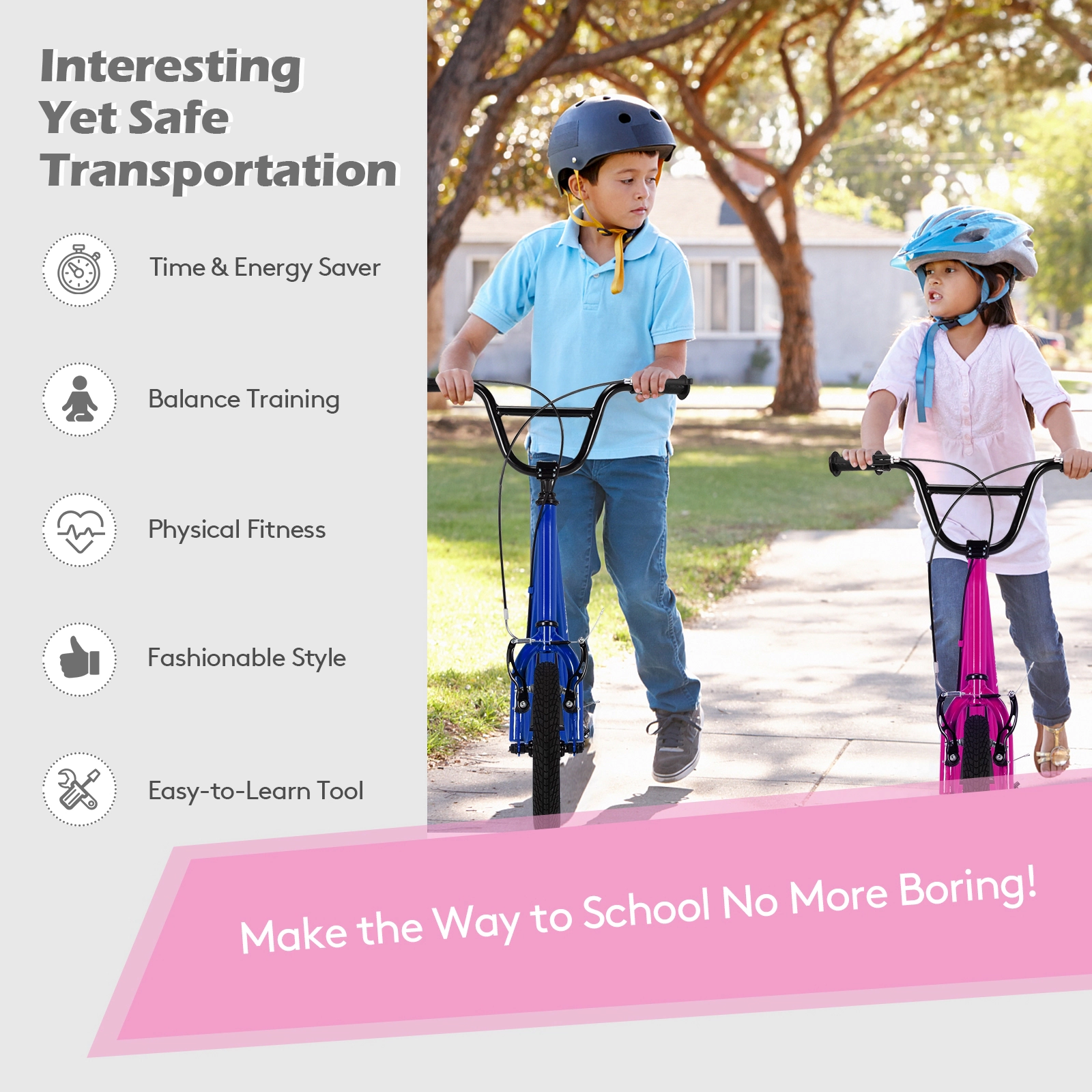 SUGIFT Kids Pink Kick Scooter with 12-in Air-Filled Wheels and Dual V-Brakes 33-in to 35-in H 165-lb Rider Capacity