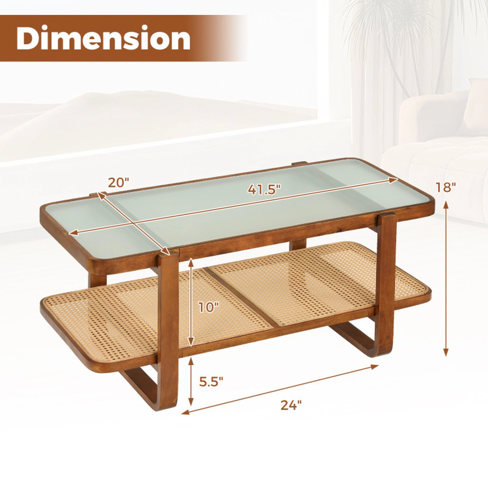 SUGIFT 2-Tier Rattan Coffee Table with Tempered Glass Top and Storage Shelf 41.5 x 20 x 18 in 220-lb Capacity Walnut