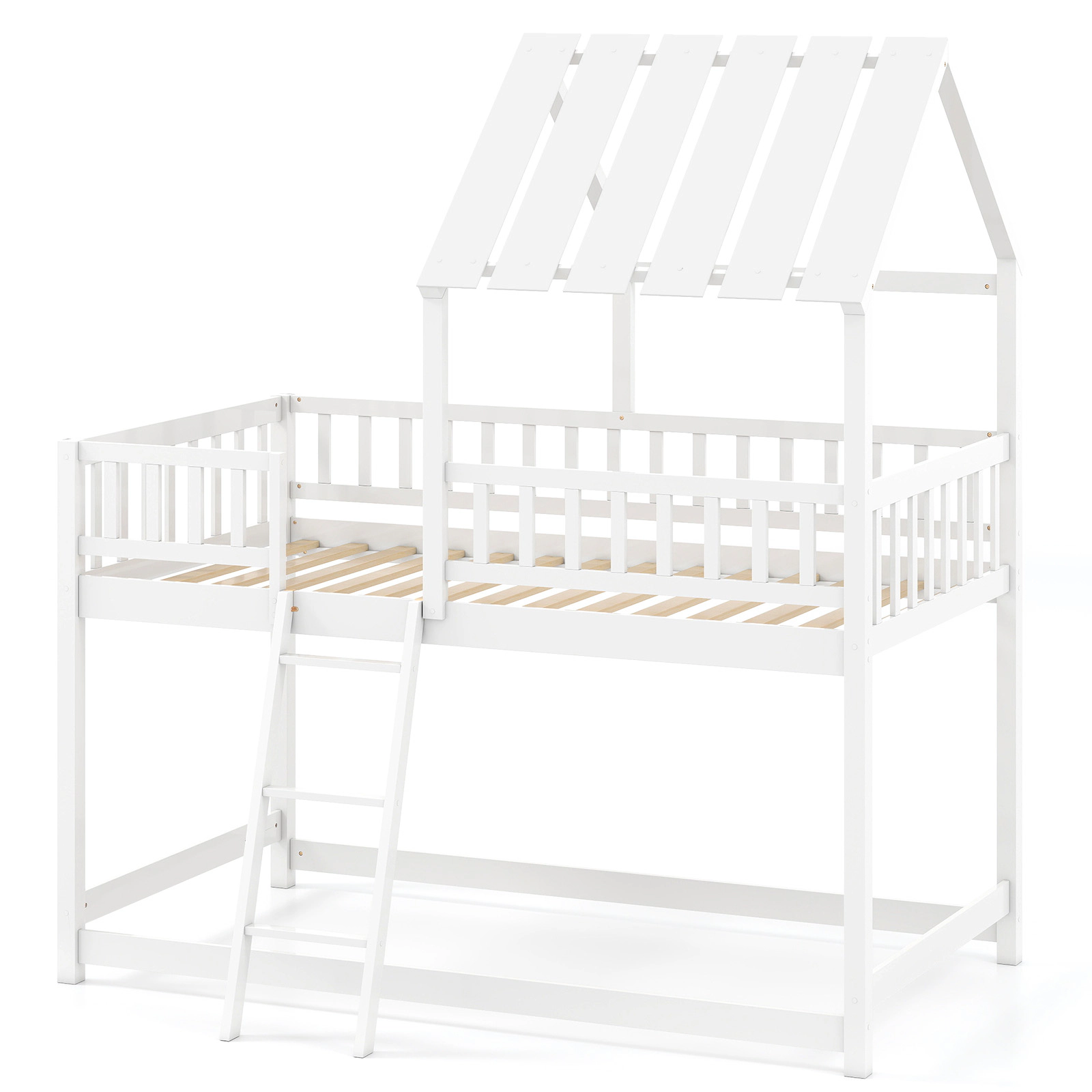 SUGIFT White Roof and Full-Length Guardrails Twin Over Twin Kids House Bunk Bed