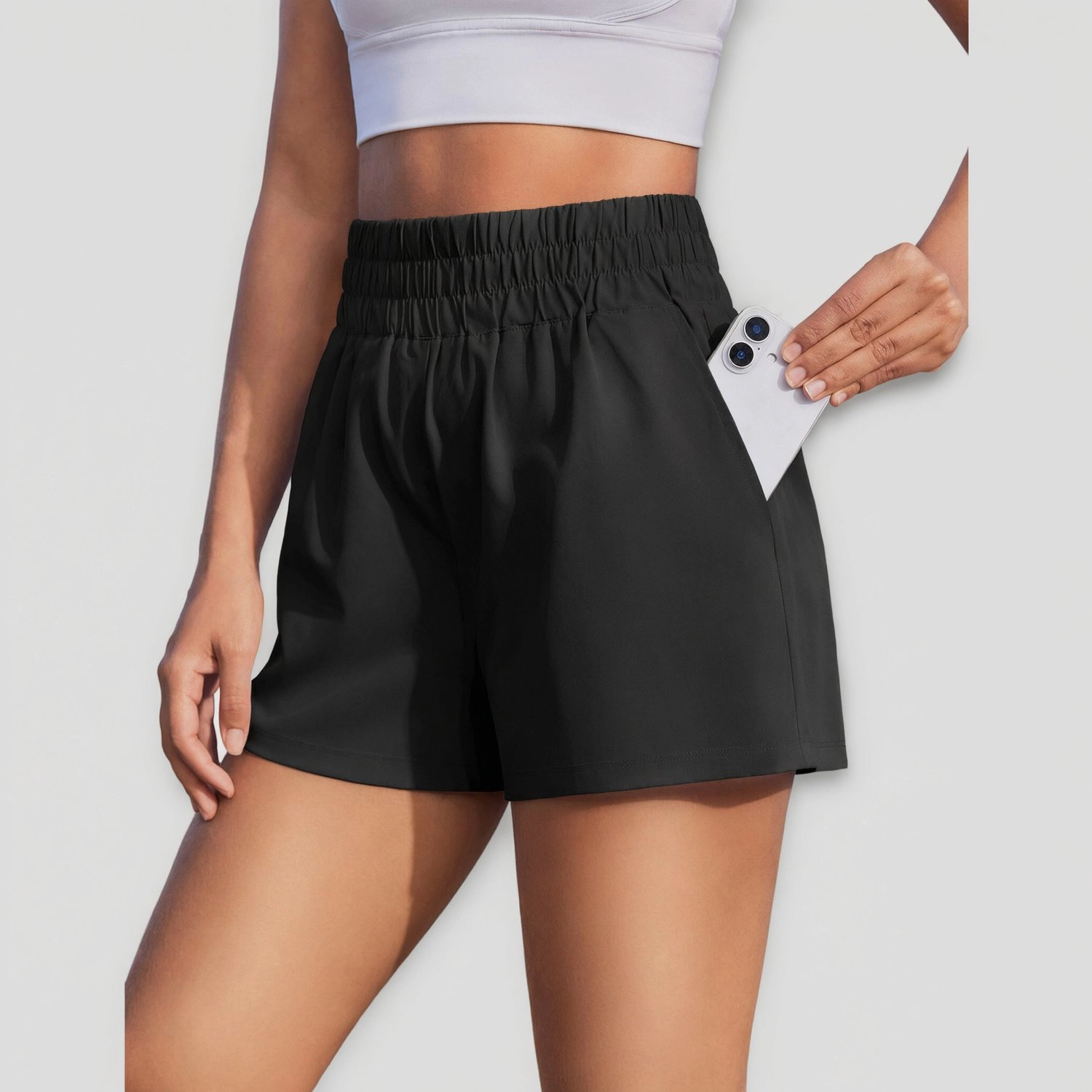 Pinspark Womens High Waist Workout Shorts Elastic Pockets Loose Running