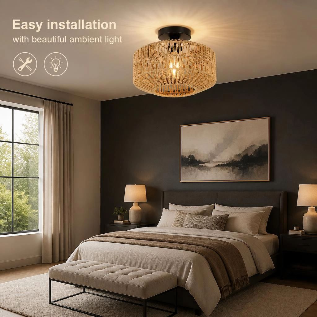 ELEMENT ACE Round Woven Rattan Flush Mount Ceiling Light