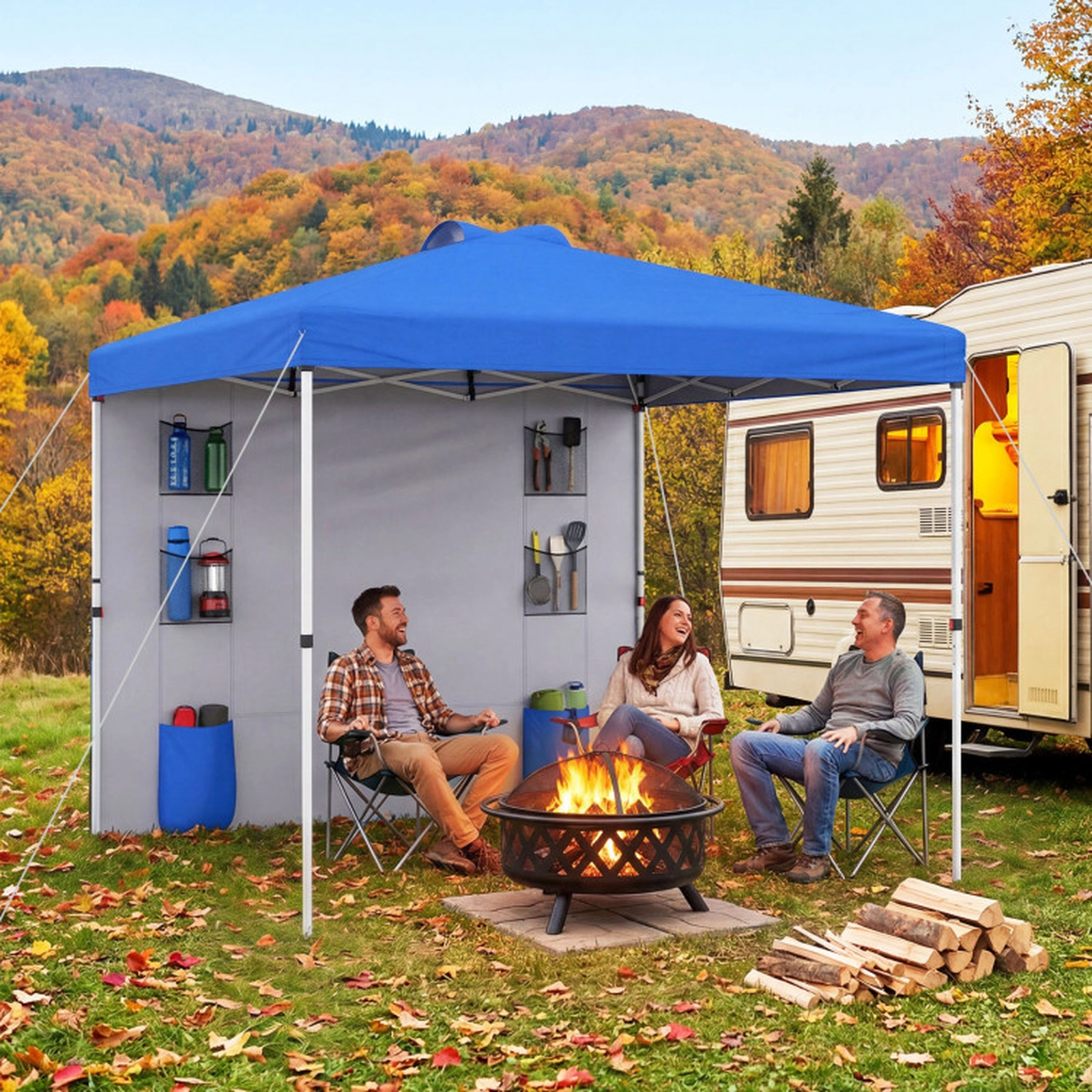 SUGIFT Blue 10-ft by 10-ft 3-Level 150D Oxford Pop Up Canopy Tent with Sidewall and 6 Storage Pockets