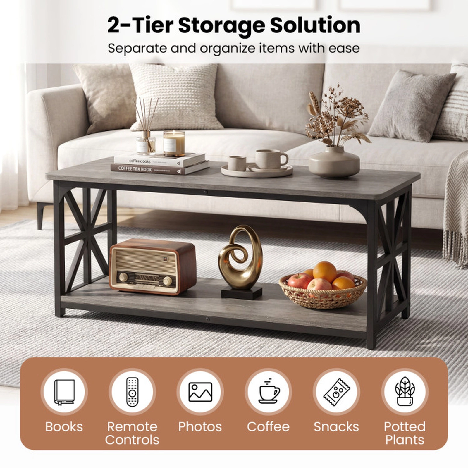 SUGIFT 43-in 290-lb Overall Capacity 2-Tier Oak Farmhouse Coffee Table with X-Shaped Carbon Steel Frame