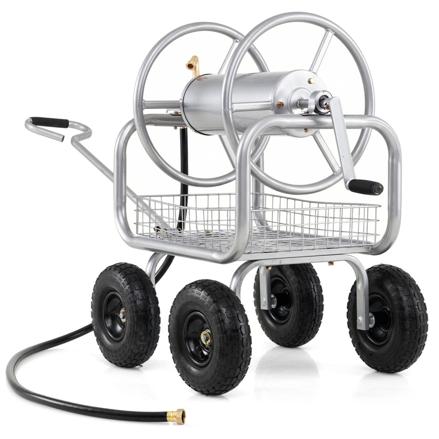 LJG Garden Hose Reel Cart 300 Feet Large Capacity with 4 Wheels and Storage Basket