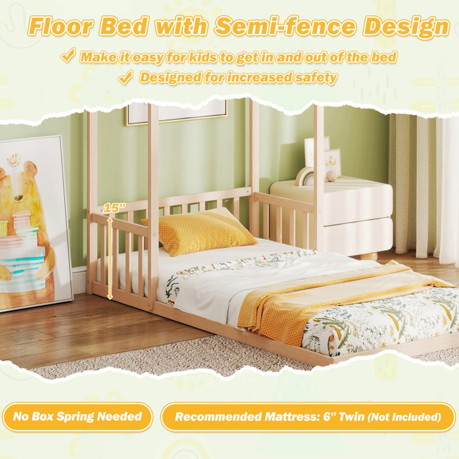 SUGIFT Natural Pitched Roof Semi-Fence and Anti-Toppling Kit Pine Wood Twin Kids House Floor Bed