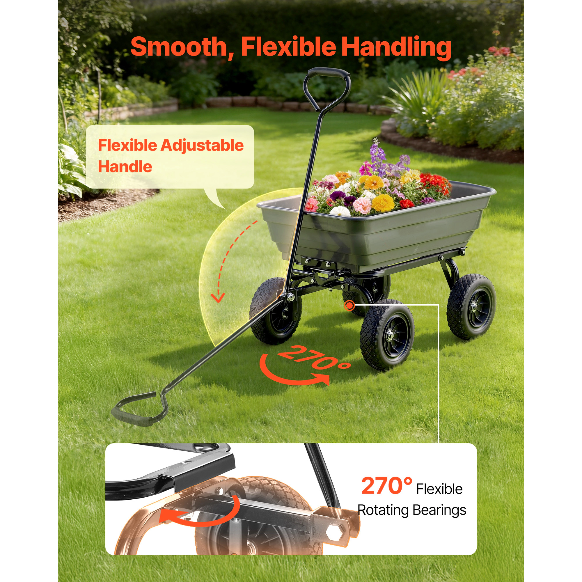HONGGE Garden Dump Cart Poly Dump Cart Garden Carts Dumps Wagon with 90° Quick-Dumps Mechanism 180° Swivel Wheels 270°
