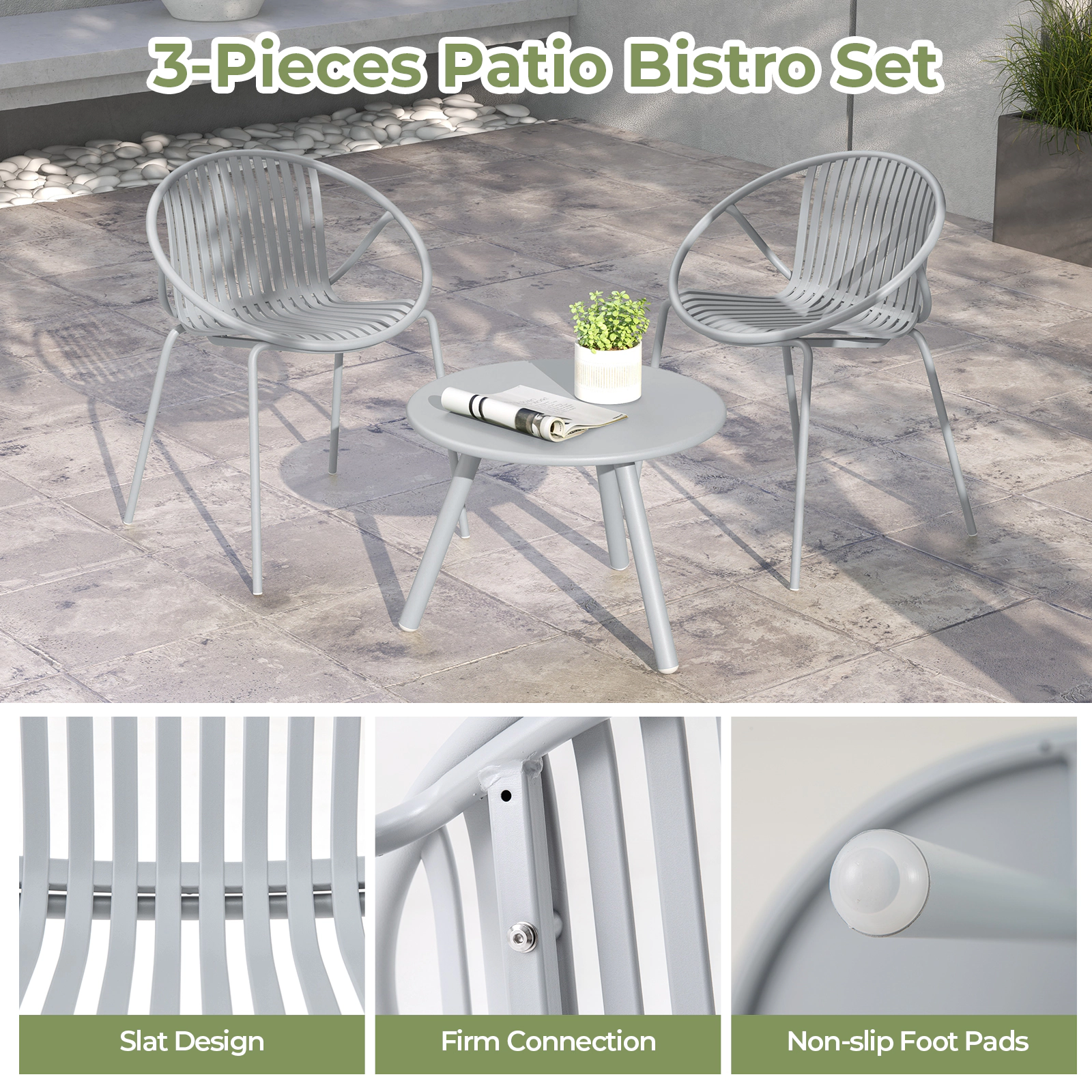 LJG All Weather PP Patio Conversation Set with Round Coffee Table and 2 Chairs